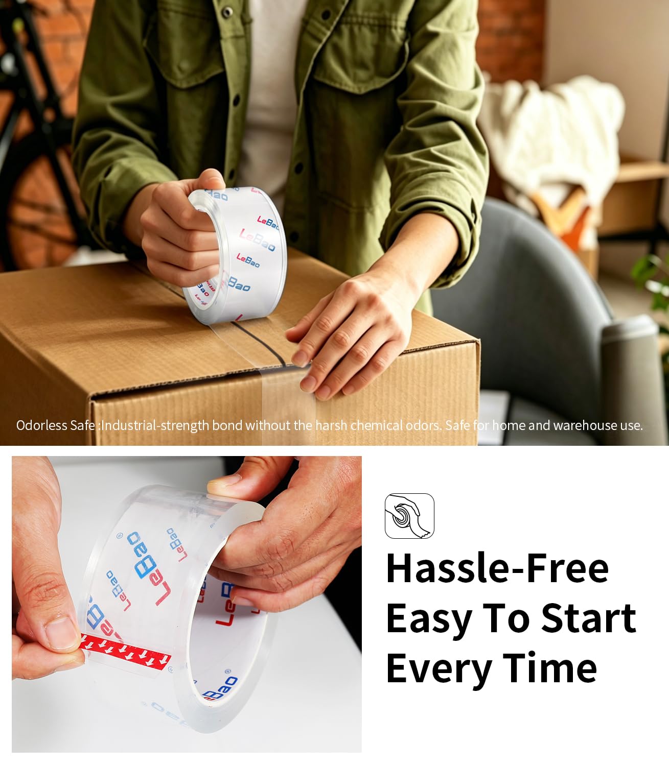 LeBao Heavy Duty Packing Tape with Dispenser, Strong HD Clear Packaging Tape, 1.88 in. x 60 yd. x 2.7MiL, Secure Sealing for Cardboard Moving Boxes Shipping Supplies (12-Pack Refill)