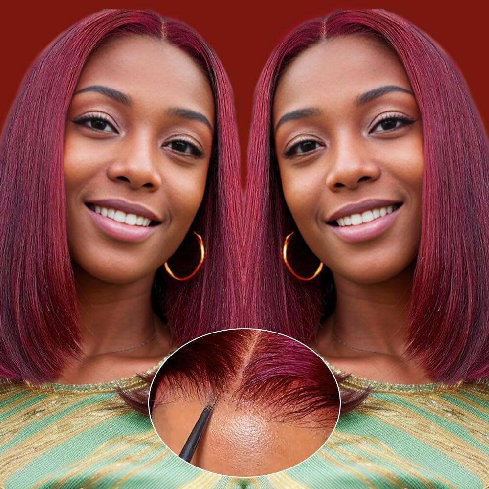 99j Burgundy 4x4 Straight Bob Wig Human Hair Hd Lace Closure Wigs Human Hair Gluless 100% Remy Human Hair for Women Transparent Lace Wig 16 Inch