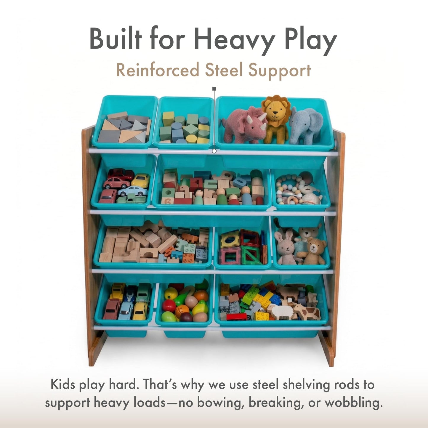 Humble Crew Toy Storage Organizer with 12 Removable Storage Bins for Kids Playroom, 4-Tier Toddler Toy Organization, Natural Wood/Aqua
