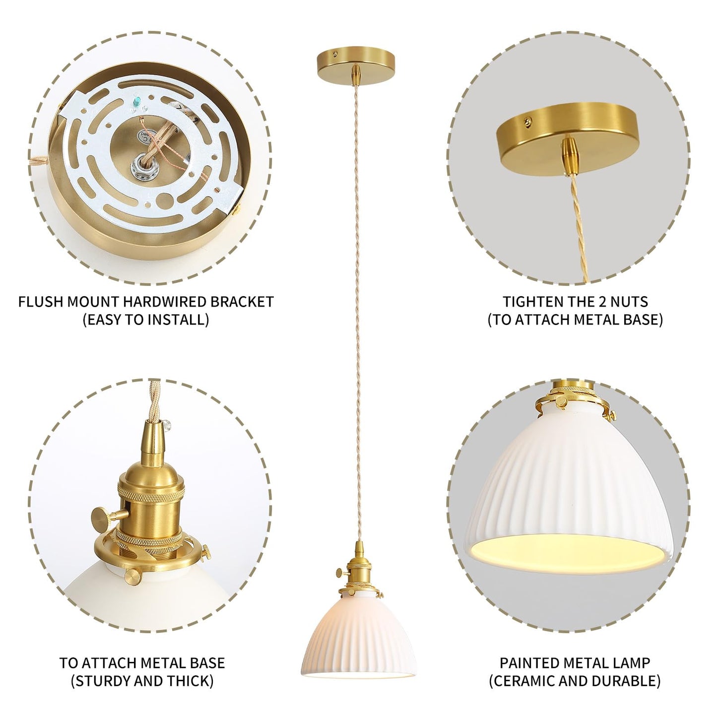 GloMuse White Ceramic Pendant Lights Kitchen Island Brushed Brass Dome-Shaped Lampshade Modern Minimalist Industrial Hanging Light Fixture for Living Room Bedroom Dining Room Over Table