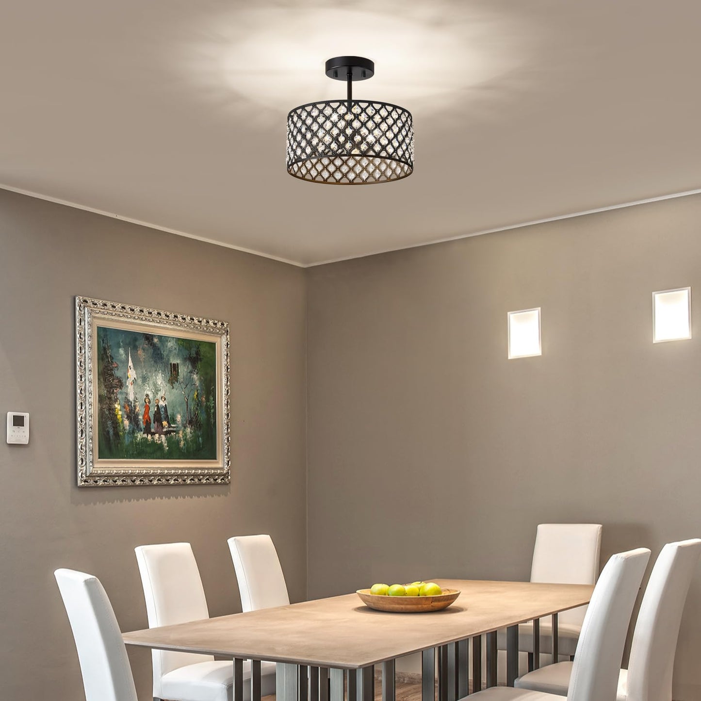 BZVESR Black Crystal Ceiling Light Fixture,Modern Semi Flush Mount Ceiling Lighting Fixture,Round Small Chandelier for Dining Room, Hallway, Entryway, Kitchen, Bedroom,Foyer,3 Light,12 inch