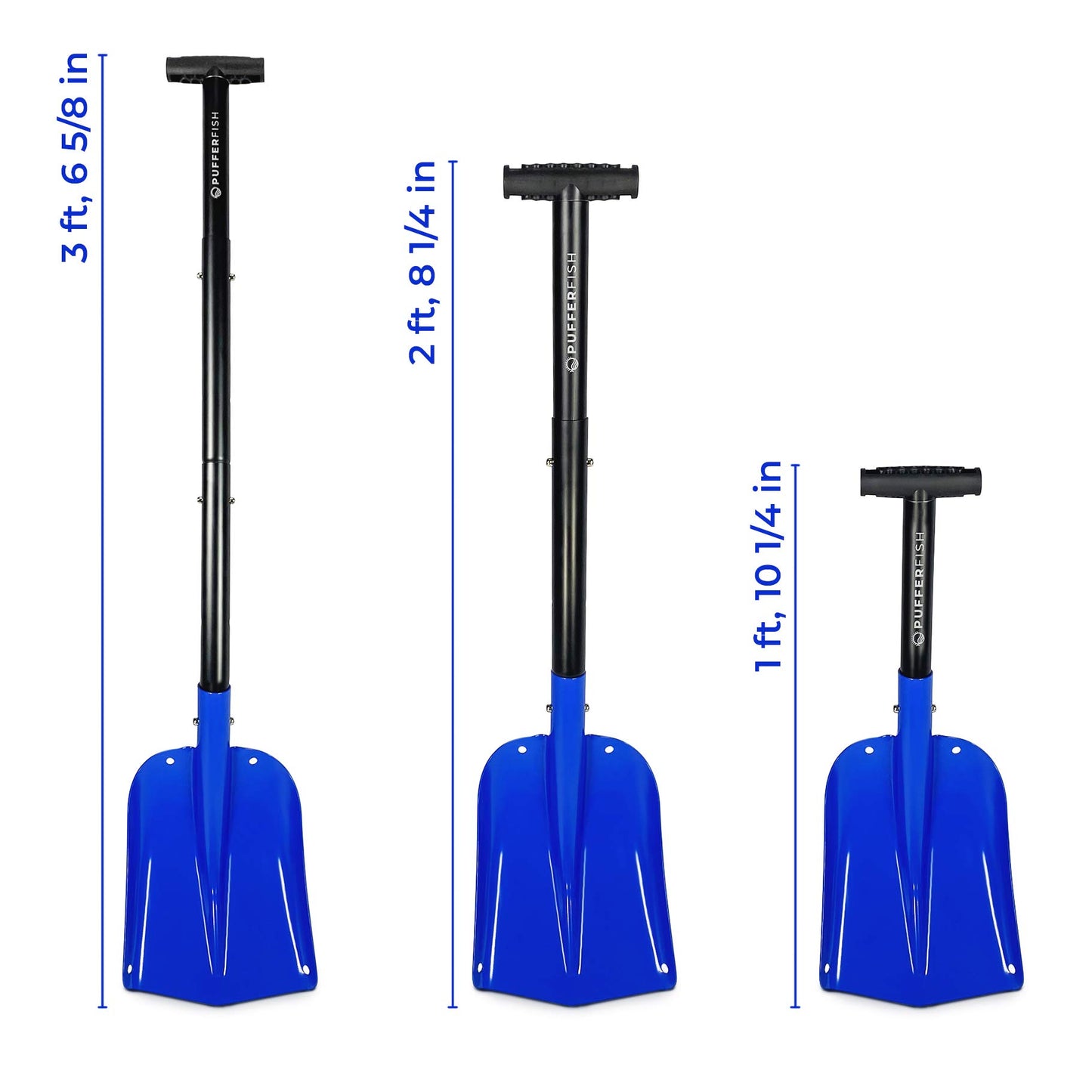 PUFFERFISH Really Big Sand Shovel - Lightweight Collapsible 4 Piece Aluminum Shovel for Beach - Customizable to 3 Different Lengths - Ideal for Sand Castles