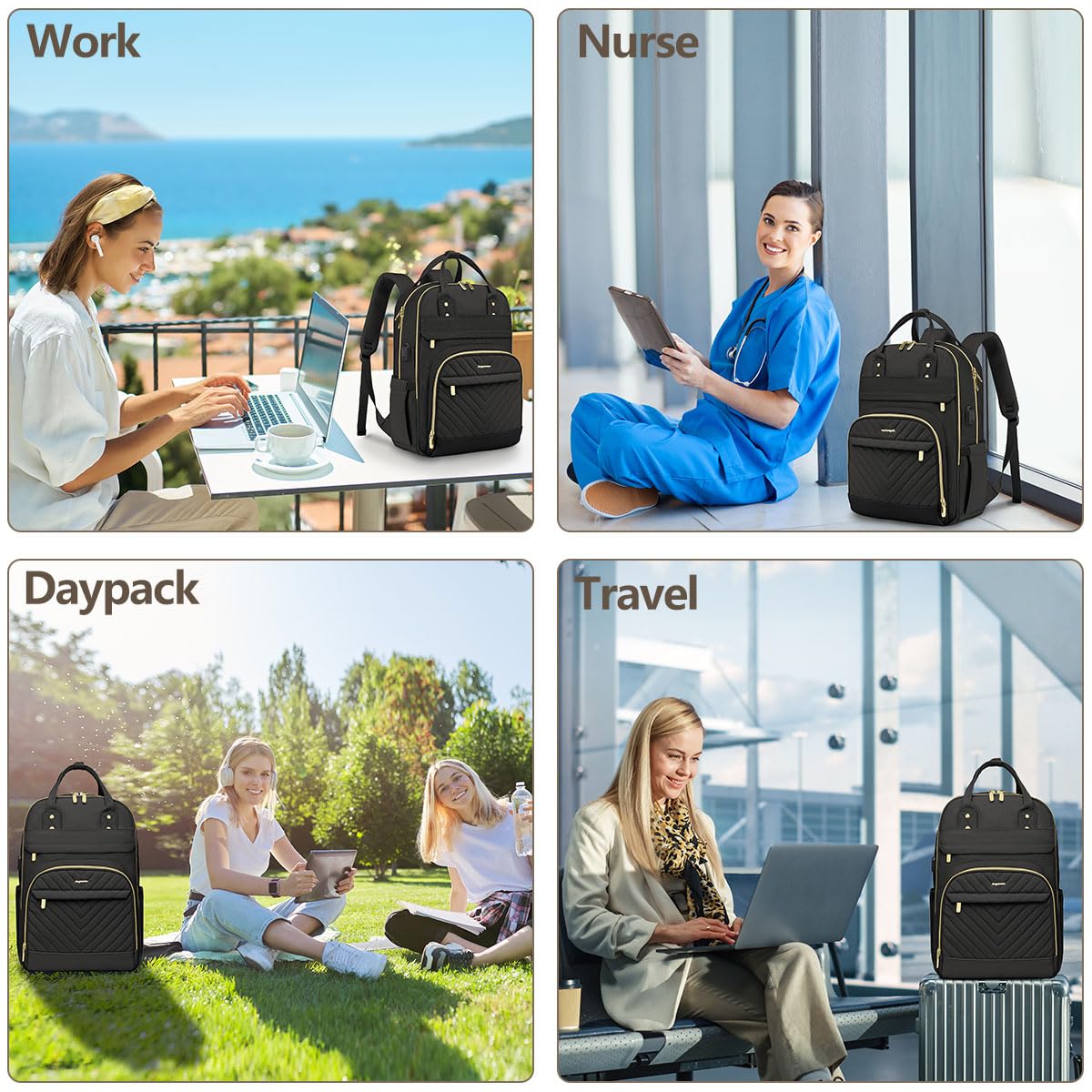 Laptop Backpack for Women Work Bag - 15.6 inch Black Travel Backpack College Backpack with USB Charger Business Office Back Pack for Teacher Casual Waterproof Bookbag for Nurses