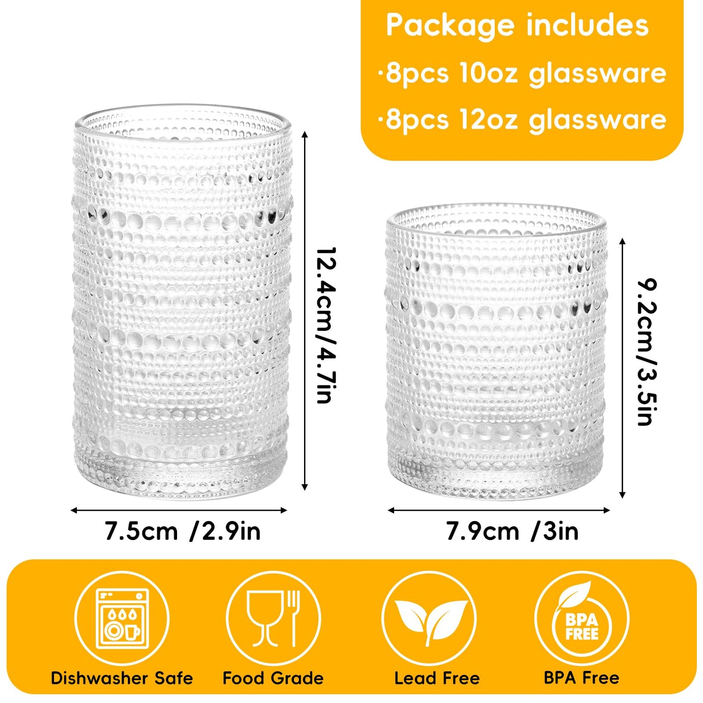 Moretoes Hobnail Drinking Glasses Set of 16, 12 Oz Highball Glasses & 10 Oz Cocktail Glasses, Clear Embossed Boho Glass Cups Kitchen Bar Tumbler Glassware Set for Whiskey, Beer, Juice, Milk (Clear)