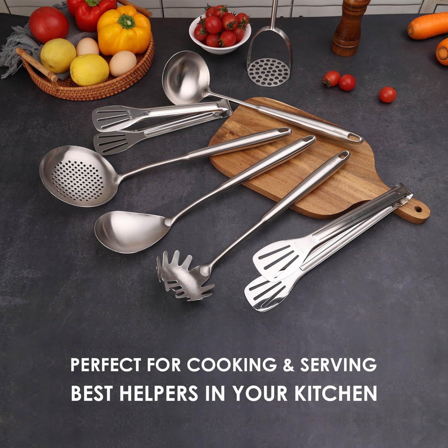 304 Stainless Steel Kitchen Utensils Set - 12 PCS Long All Metal Cooking Utensils & Large Serving Utensils - Potato Masher, Fork, Tongs, Tunner, Pasta, Serving Spoon, Skimmer, Ladle, Spatula Spoon Set