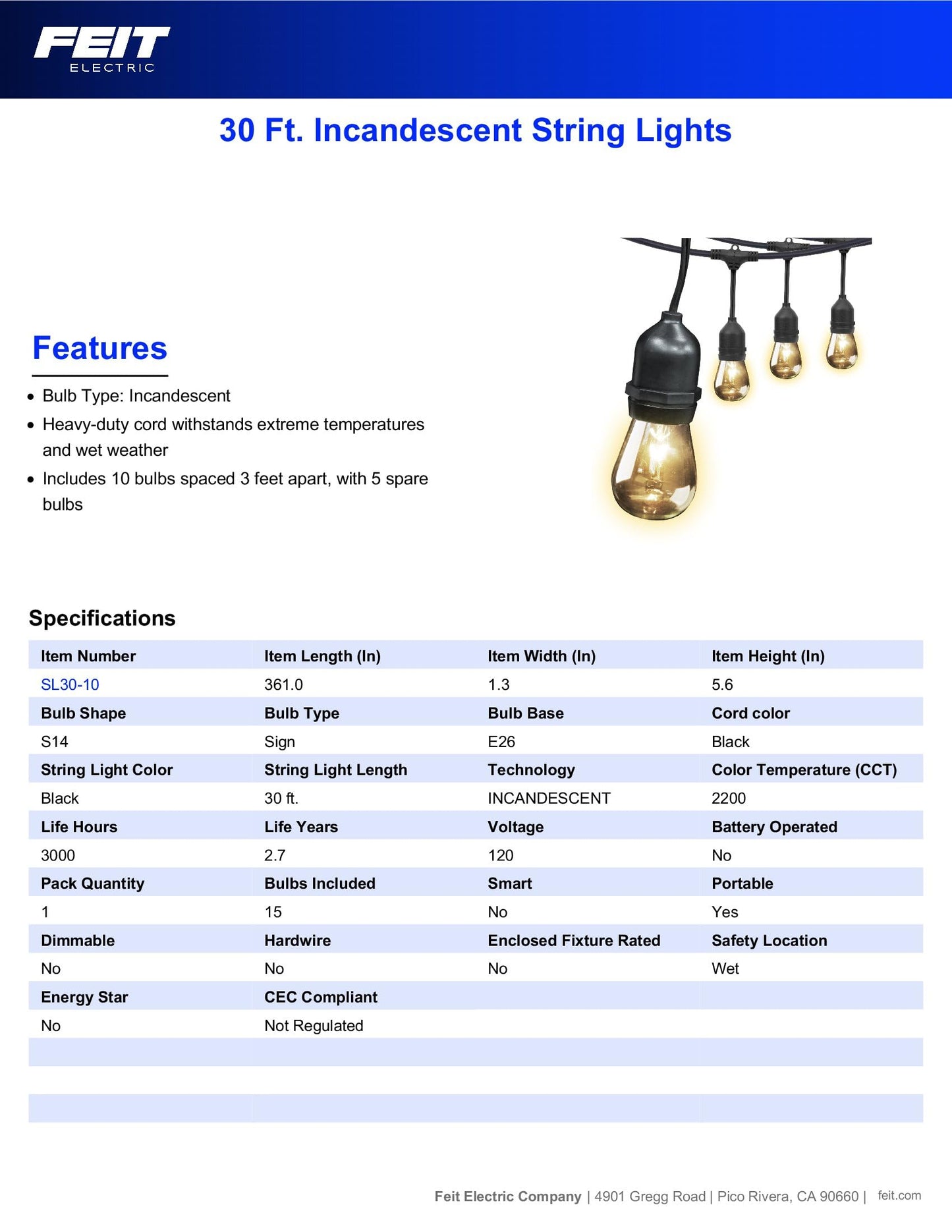 Feit Electric 30ft Outdoor Incandescent String Lights, Warm Amber Glow, Heavy-Duty Weatherproof Cord, Includes 10 Clear Bulbs + 5 Spares, End-to-End Connectable for Patios and Gazebos, SL30-10