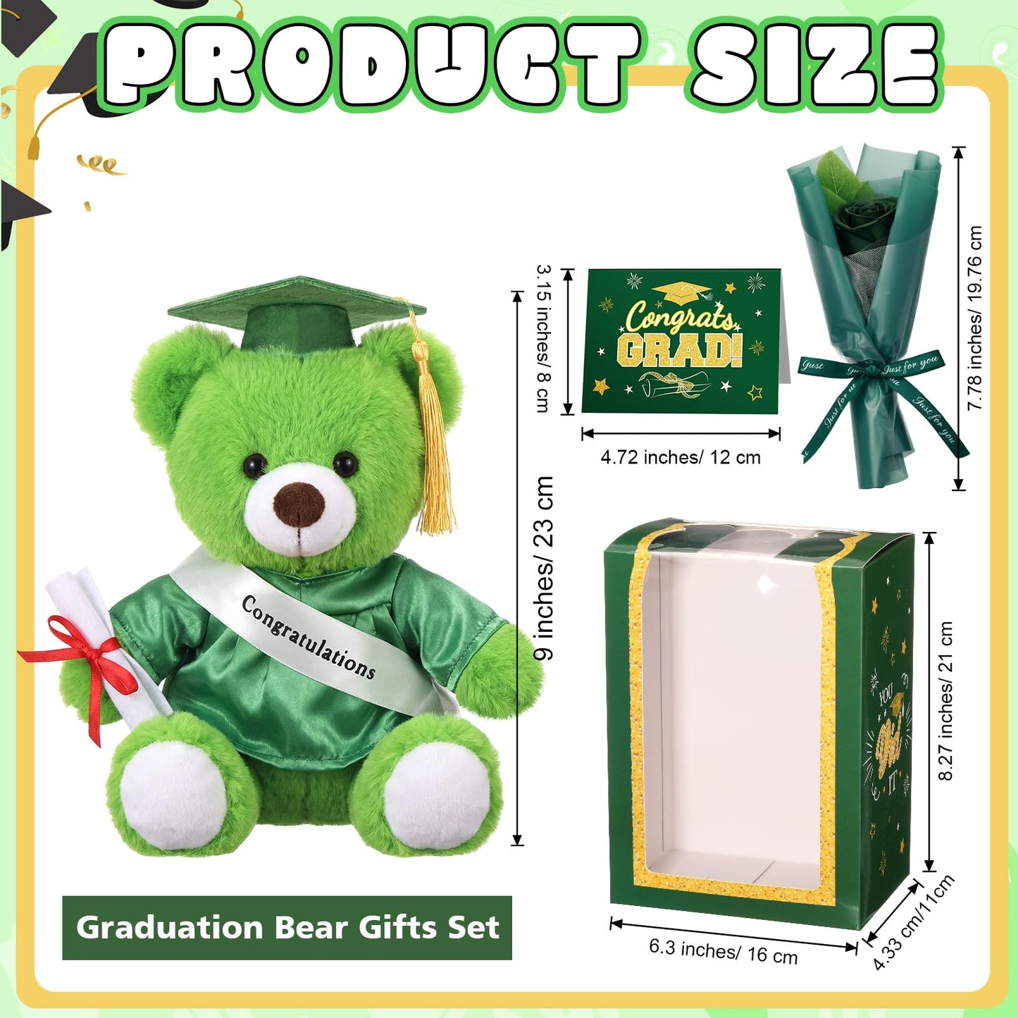 Hollowfly Graduation Bear Gifts Set Include Graduation Bear of 2026 Stuffed Animal with Cap and Gown, Artificial Flower, Graduate Gift Box with Window and Greeting Card for Him or Her(Green)