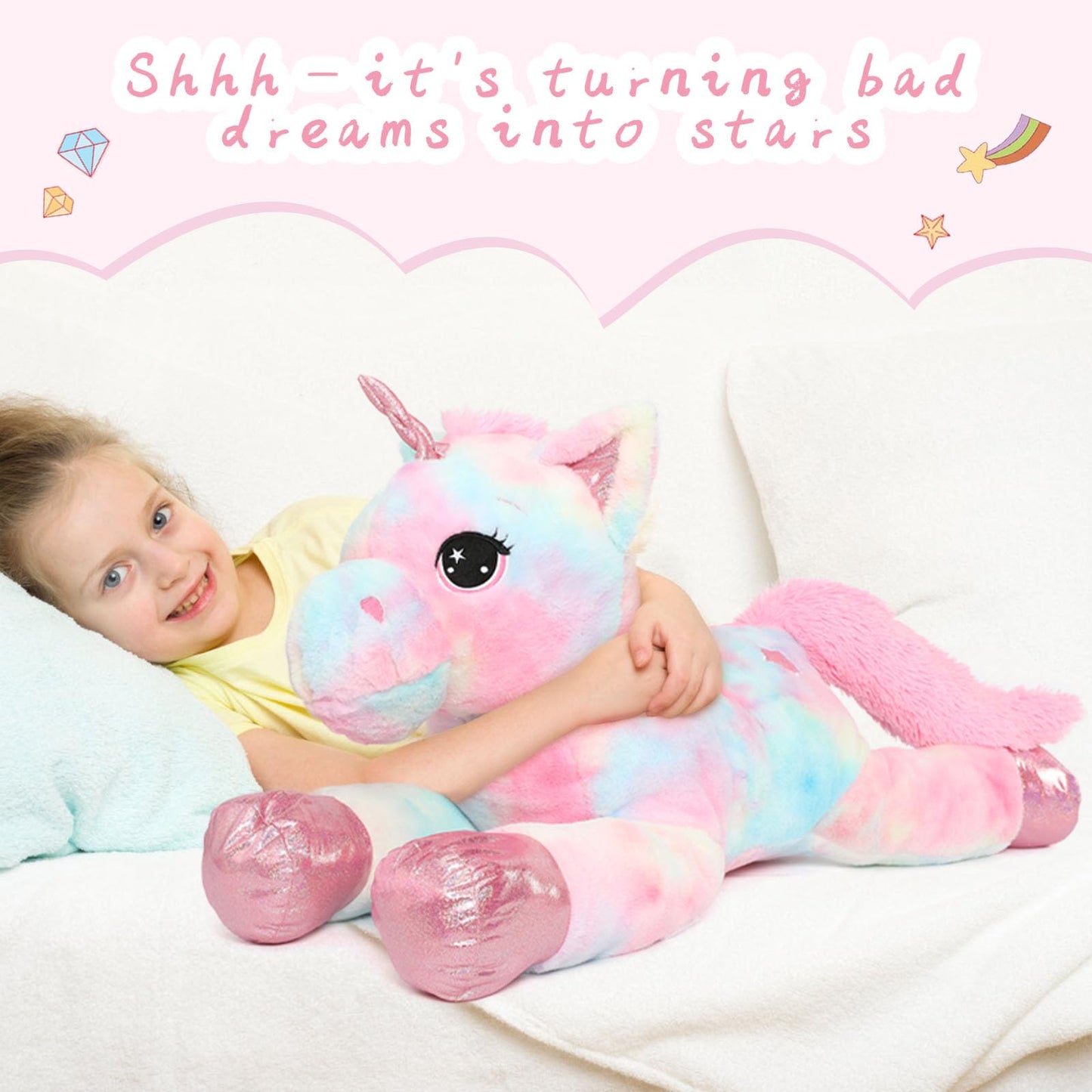 Muiteiur 43.4 Inch Unicorn Stuffed Animal, Giant Stuffed Unicorn for Girls, Soft Plush Pillow Gifts for Girls Boys Kids, Pink