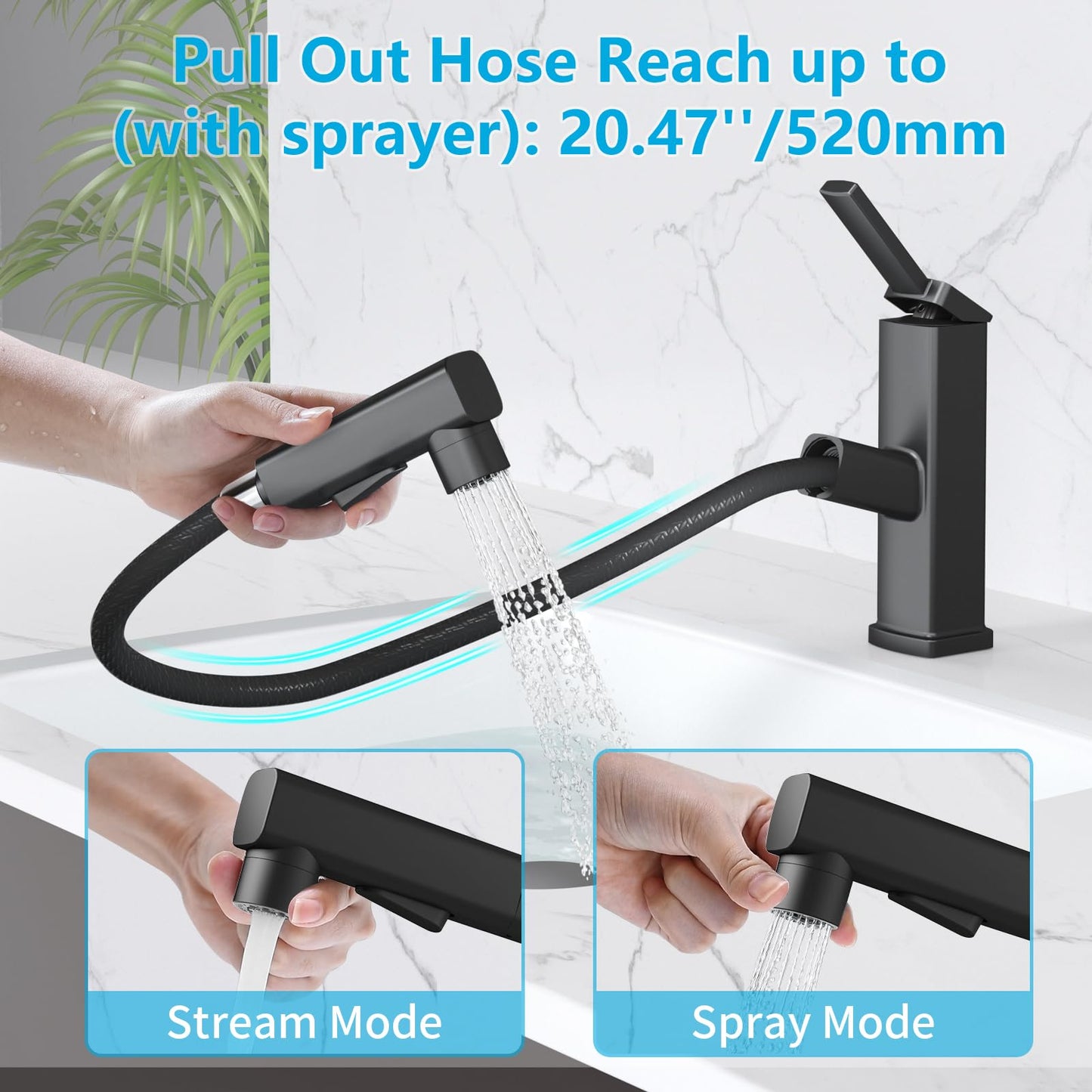 MIAOHUI Pull Out Single Hole Bathroom Faucet, 3 Spray Mode Single Handle Bathroom Faucets for Sink 1 Hole, Bathroom Sink Faucet with Pull Down Sprayer, Vanity Faucet with Fountain Mode, Matte Black