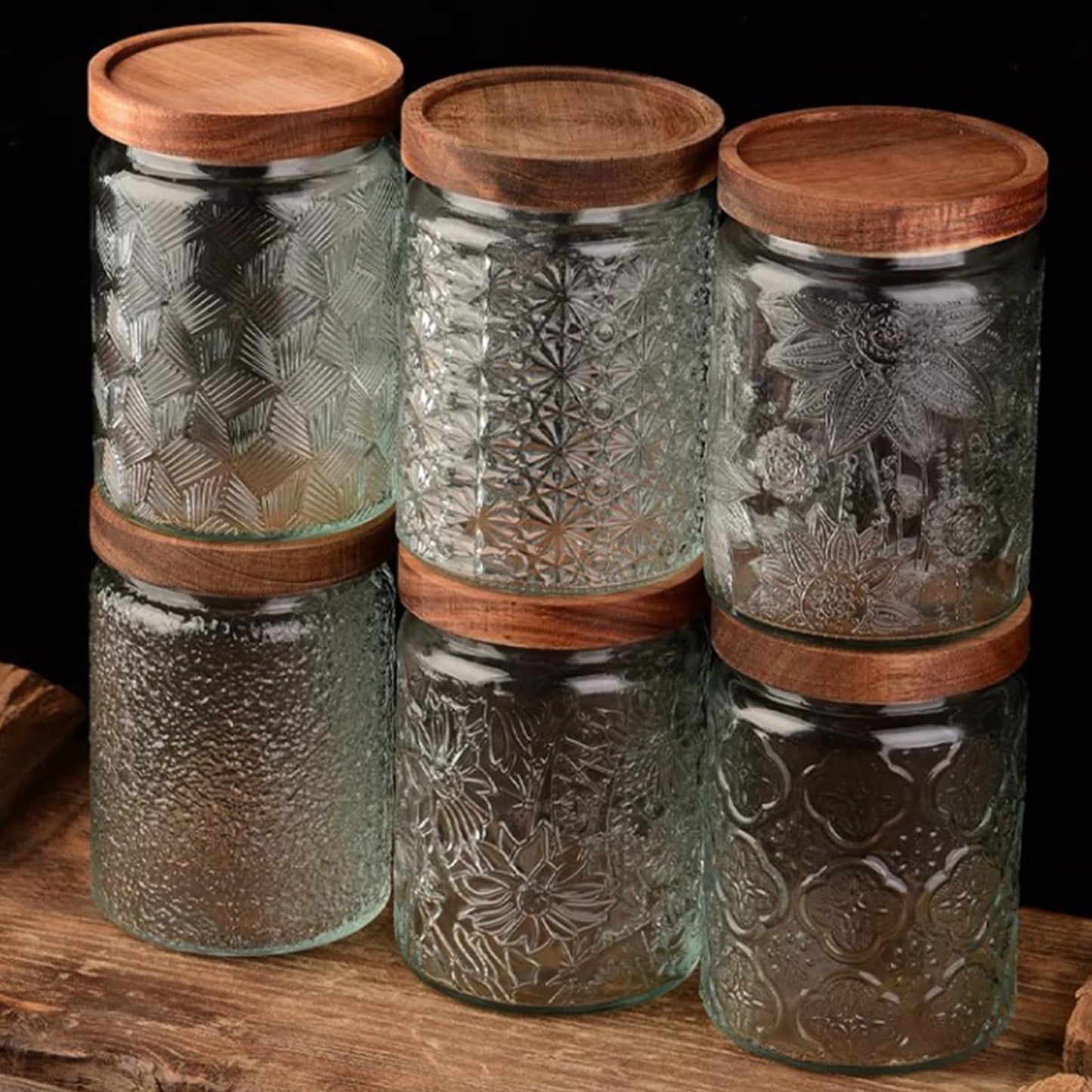 yoqelt Vintage Glass Jars with Wooden Lids, 6 Pack 24 oz Airtight Glass Food Storage Containers Sets for the Kitchen, Sugar Coffee Candy Spice Cookie Tea Pasta