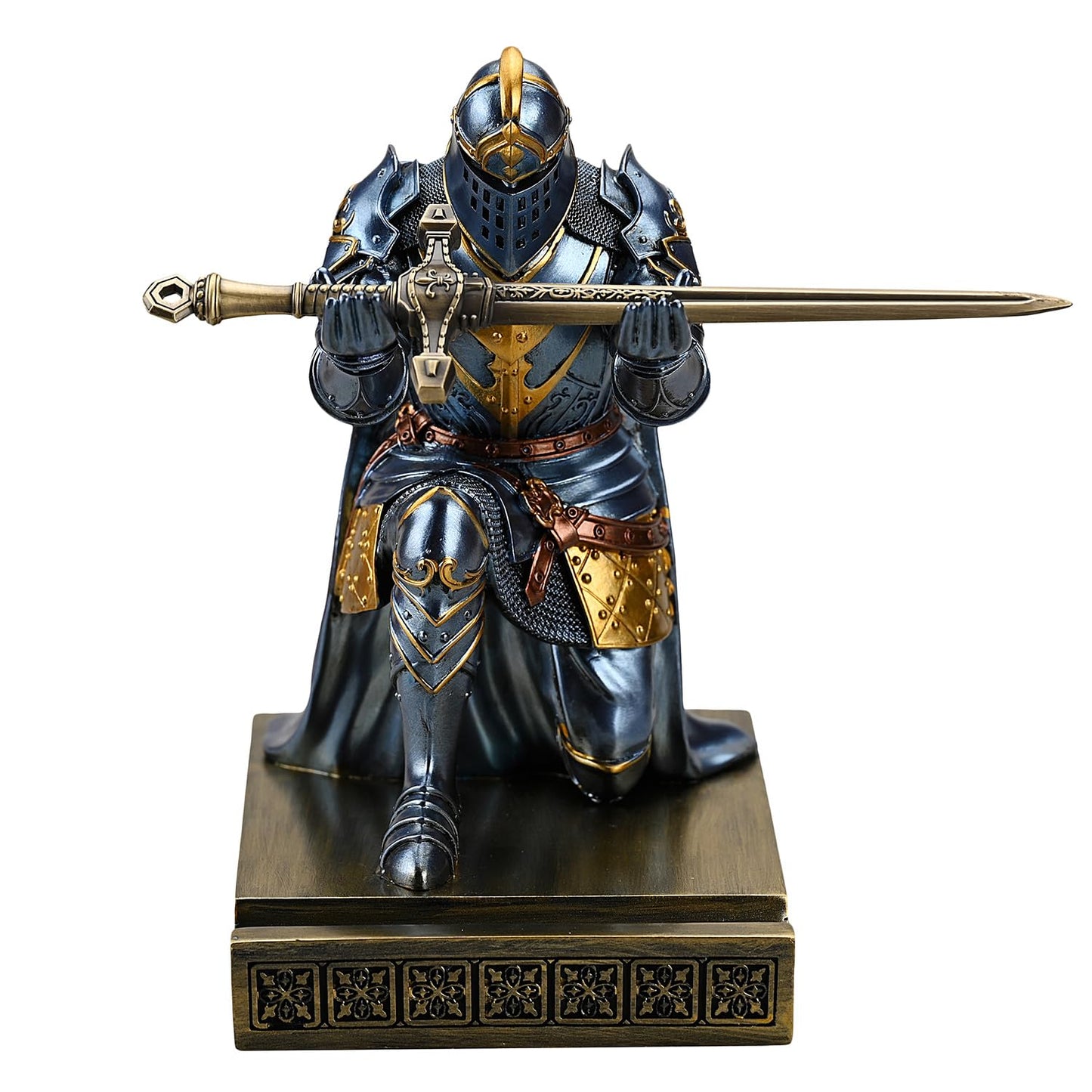 HDMbigmi King's Guard Leader Cloak Warrior Knight Pen Holder Mobile Phone Stand, Ornament Knight Statue, Pen Stand Paperweight for Office and Home (Blue)