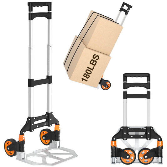 DIAMONDFORGE Folding Hand Truck, 180lbs Lightweight Foldable Dolly Cart with Wheels and Telescopic Handle, Portable Folding Dolly with Rubber Wheels for Moving Groceries, Home, Auto, Black Orange