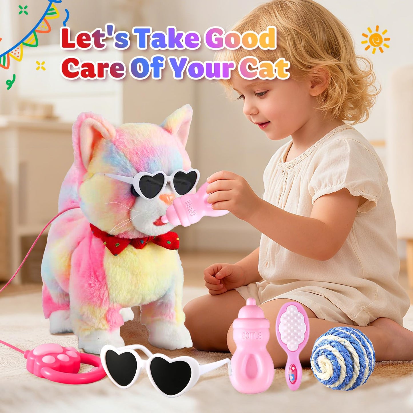 Marsjoy Colorful Leash Walking Cat Set Singing That Purrs and Meows Stick Out Tongue Animated Plush Robot Kitten Pet Moving Plush Realistic Stuffed Animal Remote Control Cute Robotic Kitty Toy