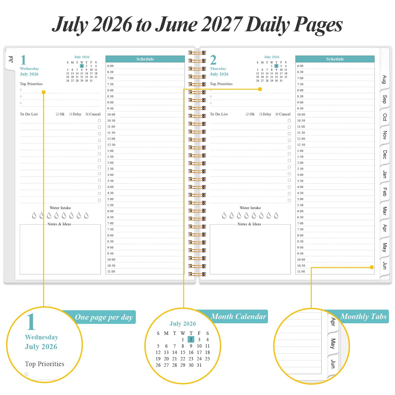 2026-2027 Daily & Monthly Planner - One Page Per Day, Daily Planner from July 2026 - June 2027, Planner 2026-2027 with 12 Monthly Tabs, 8.5" x 11", Blue Leaf Flower