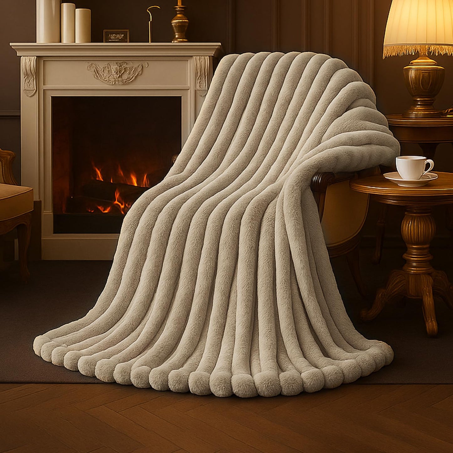 Amélie Home Faux Fur Throw Blanket for Couch, Cozy Fuzzy Fluffy Fur Luxurious Soft Striped Plush Gift Blankets for Family Sofa Chair, 60"x80", Beige