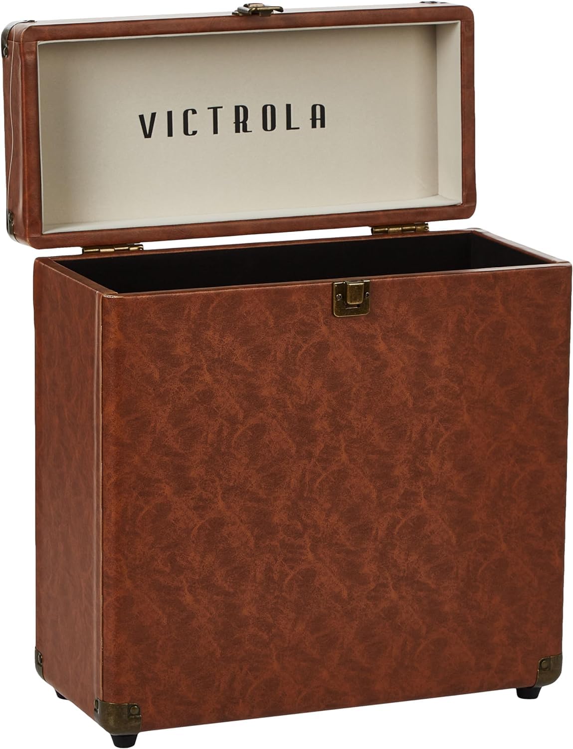 Victrola Collector – Record Storage Case – Holds 30+ Vinyl Turntable Records, Heavy-Duty Hardware, Hinges, & Smart Metal Corners, Portable with Easy-Carry Handle (Brown)