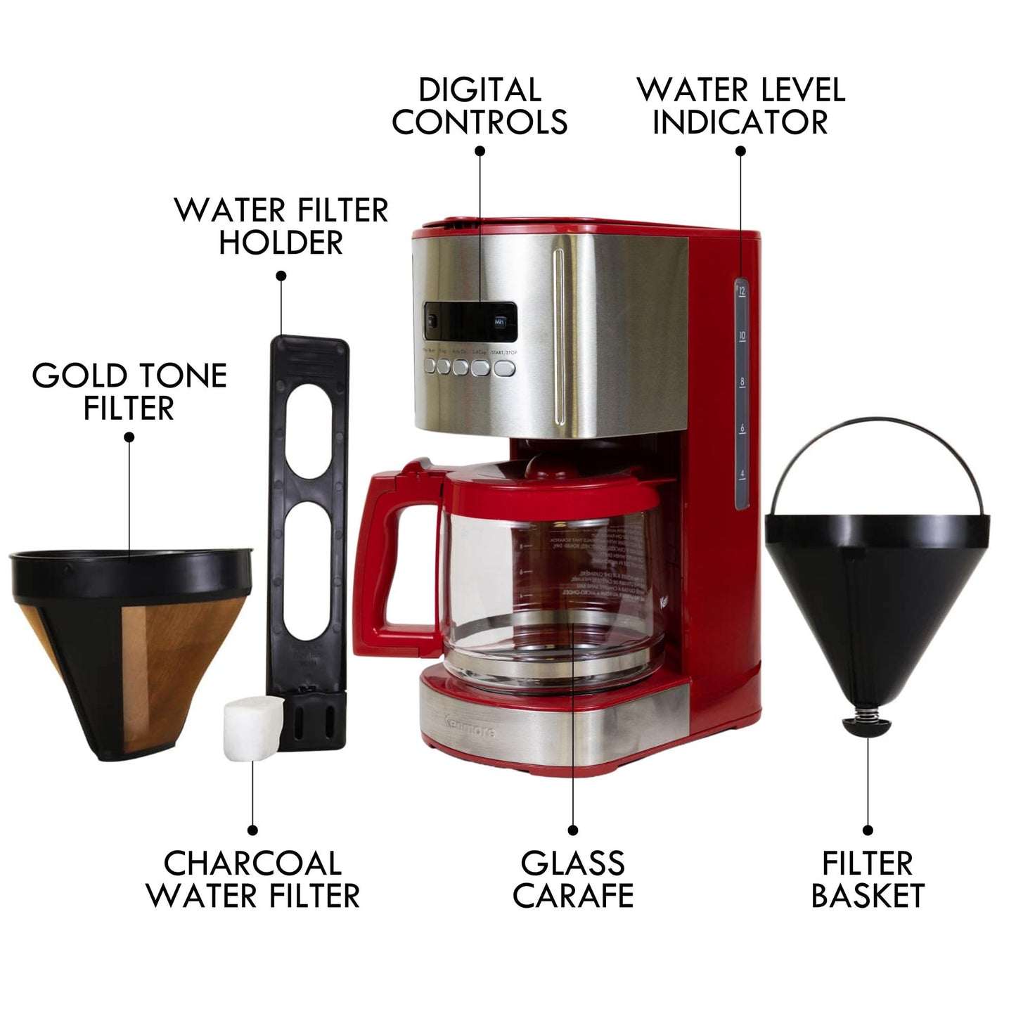 Kenmore Drip Coffee Maker - 12 Cup Programmable Cafe Machine With Glass Pot, Regular & Bold Brew, Auto Shut Off Large Water Reservoir, Reusable Filter, Kitchen Appliances For Cafeteria Barista, Red