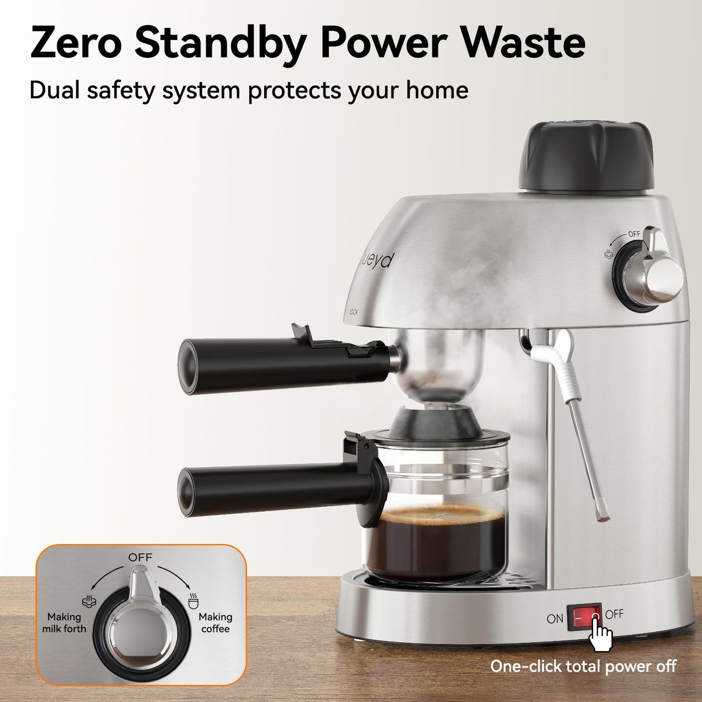 Queyd 3.5 Bar 4 Cup Espresso Cappuccino Machine, Stainless Steel Espresso Machine, Compact Expresso Machines for Home, Latte and Cappuccino Machine with Milk Frother, Dual Safety Switches, 800W