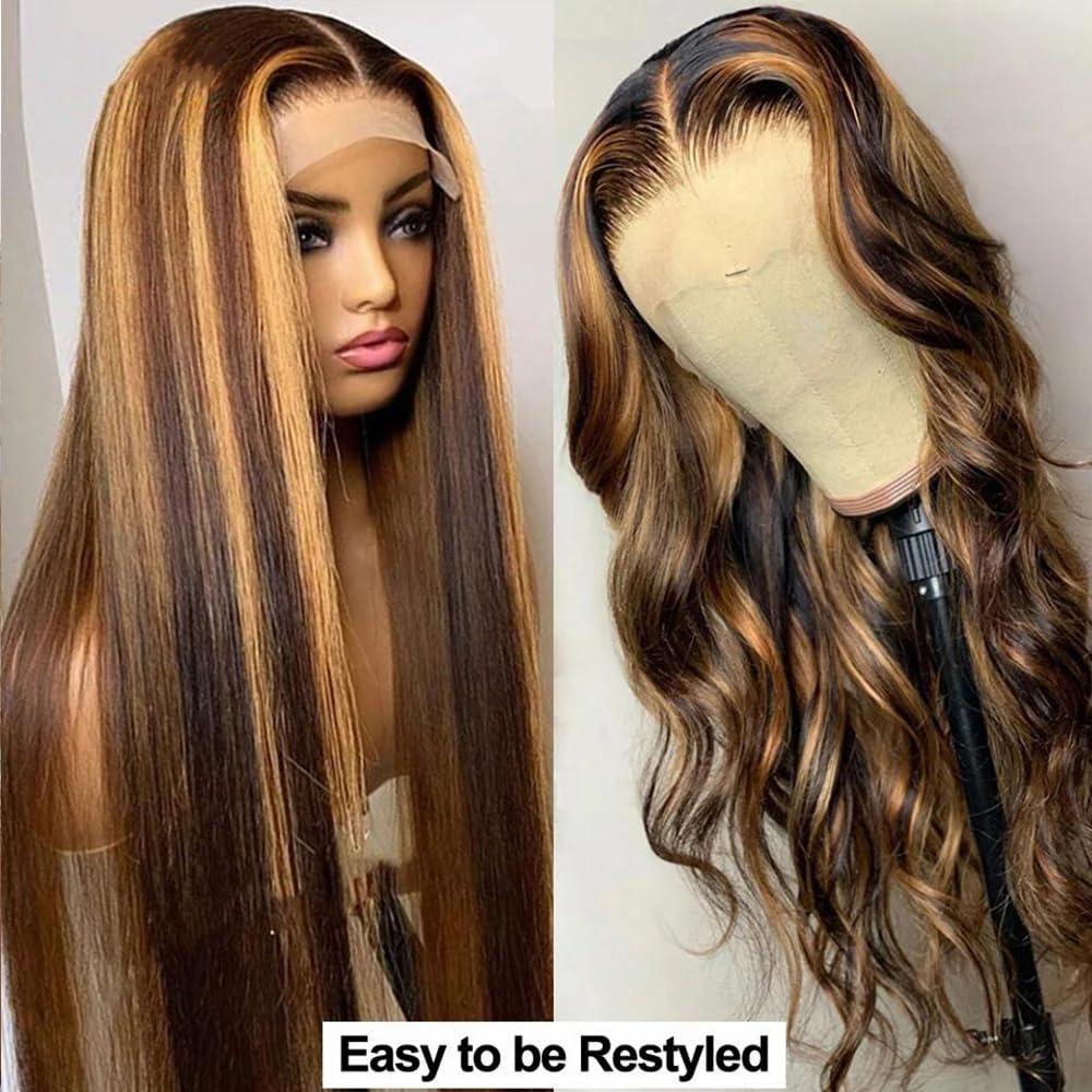 30 inch Highlight Ombre Lace Front Wig Human Hair 180% Density 13x4 Hd Transparent Lace Front Wigs Human Hair Honey Blonde 4/27 Highlight Lace Front Wigs Human Hair Straight Wigs Human Hair Color