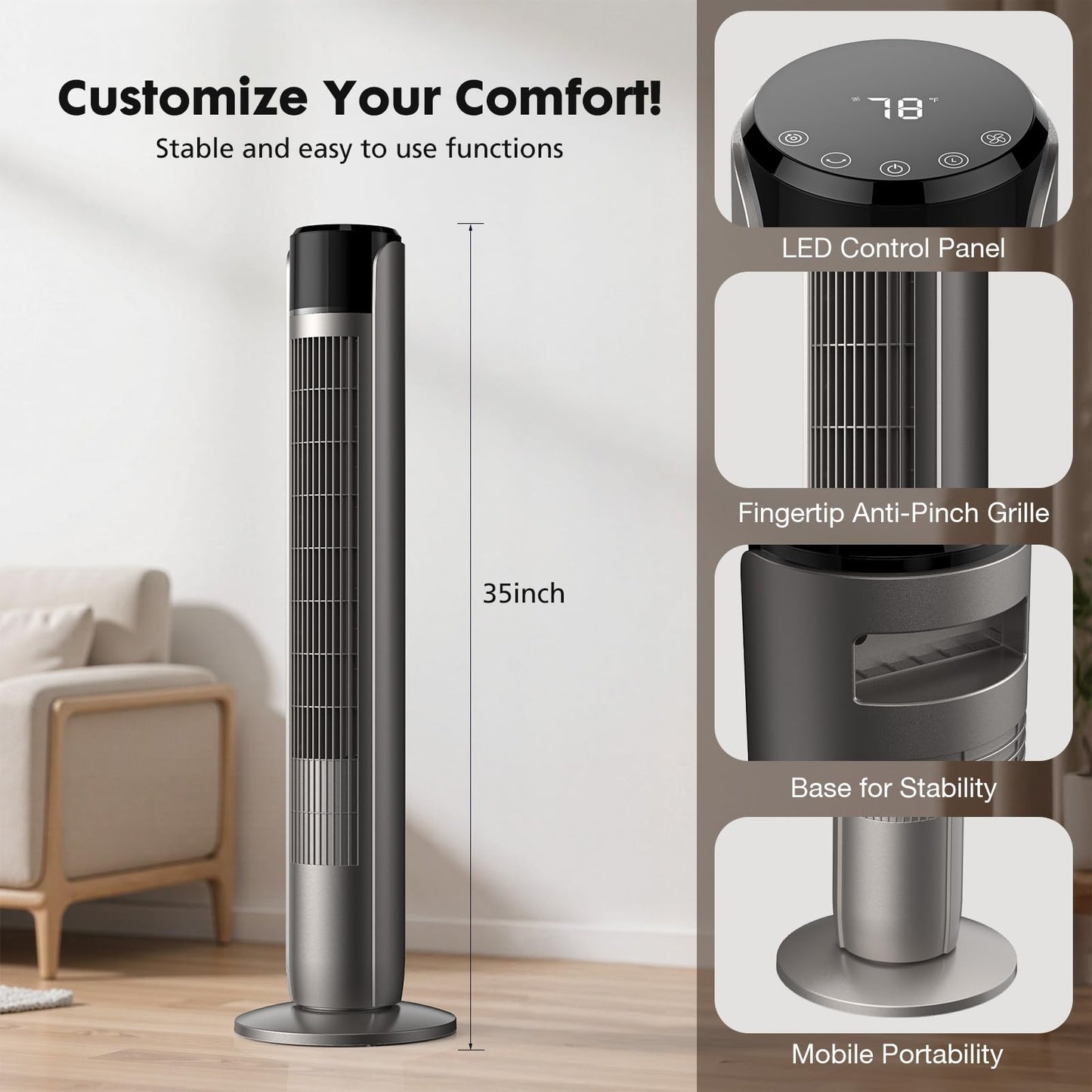 OLIXIS Tower Fan for Bedroom, 60°Oscillating Fan with Remote, 25ft Far, 28dB Quiet Electric Standing Fan, 12 H Timer, 5 Speeds, 4 Modes, Bladeless Floor fan for Home, Office, Indoor, 36 Inch
