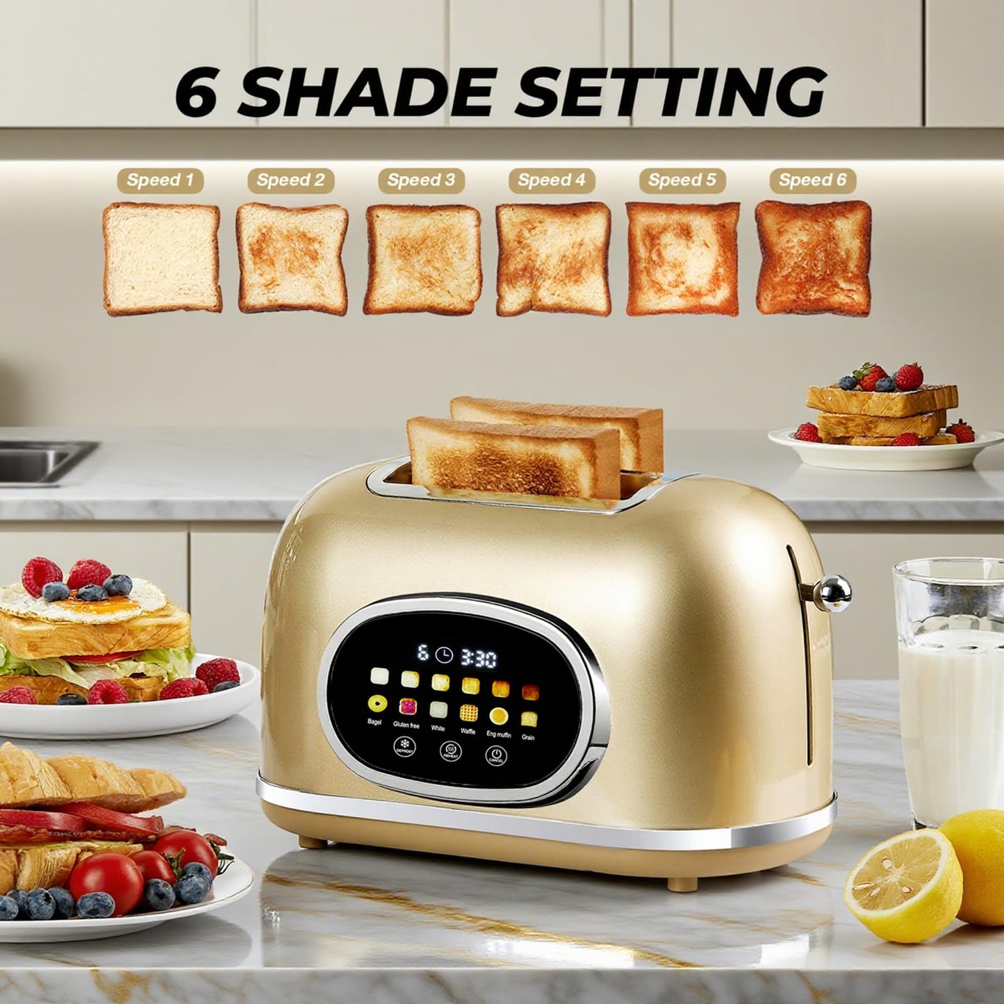 Roter Mond 2 Slice Toaster Smart Touch Screen, Retro Stainless Steel Bread Toaster with Digital Timer, Sleep Mode, Bagel, Cancel, and Defrost Functions, 6 Bread Types and Shade Settings, Gold