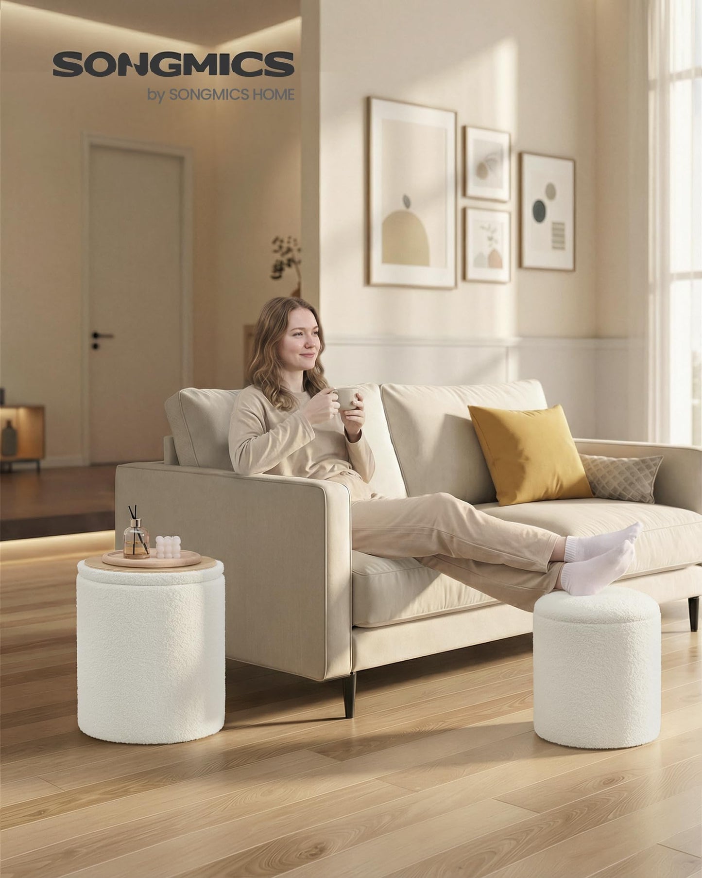SONGMICS Vanity Stool, Set of 2, Round Storage Ottoman, Small Ottoman Coffee Table, Foot Stool, Removable Lid, for Living Room, Bedroom, Hallway, Easy Assembly, Teddy Fleece, Cream White ULOM013WD01
