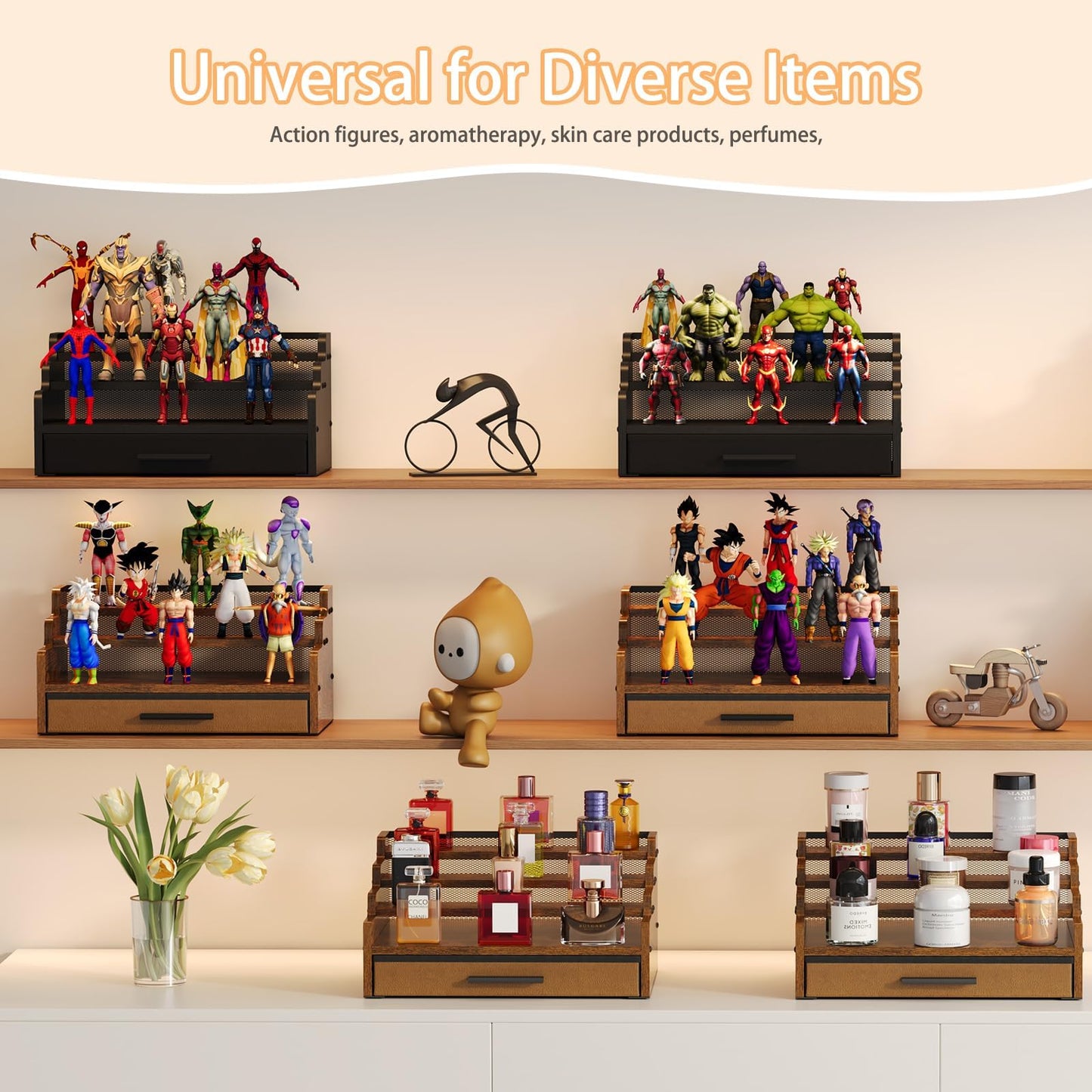 4 Tier Cologne Organizer for Men, Wooden Perfume Organizer with Drawer Storage, Perfume Display Shelf for Cologne, Watch, Grooming and Figures, Perfect Birthday/Easter Gift for Lovers & Fathers