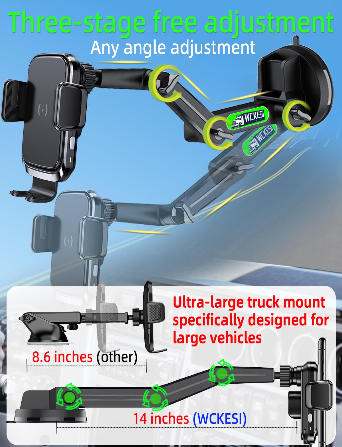 WCKESI Truck Phone Holder Mount Wireless Charger Heavy Duty for Car 15W Smart Fast Charging 14 inch Long Arm Pickup Truck Windshield and Dashboard,Truck Accessories,for iPhone Samsung LG