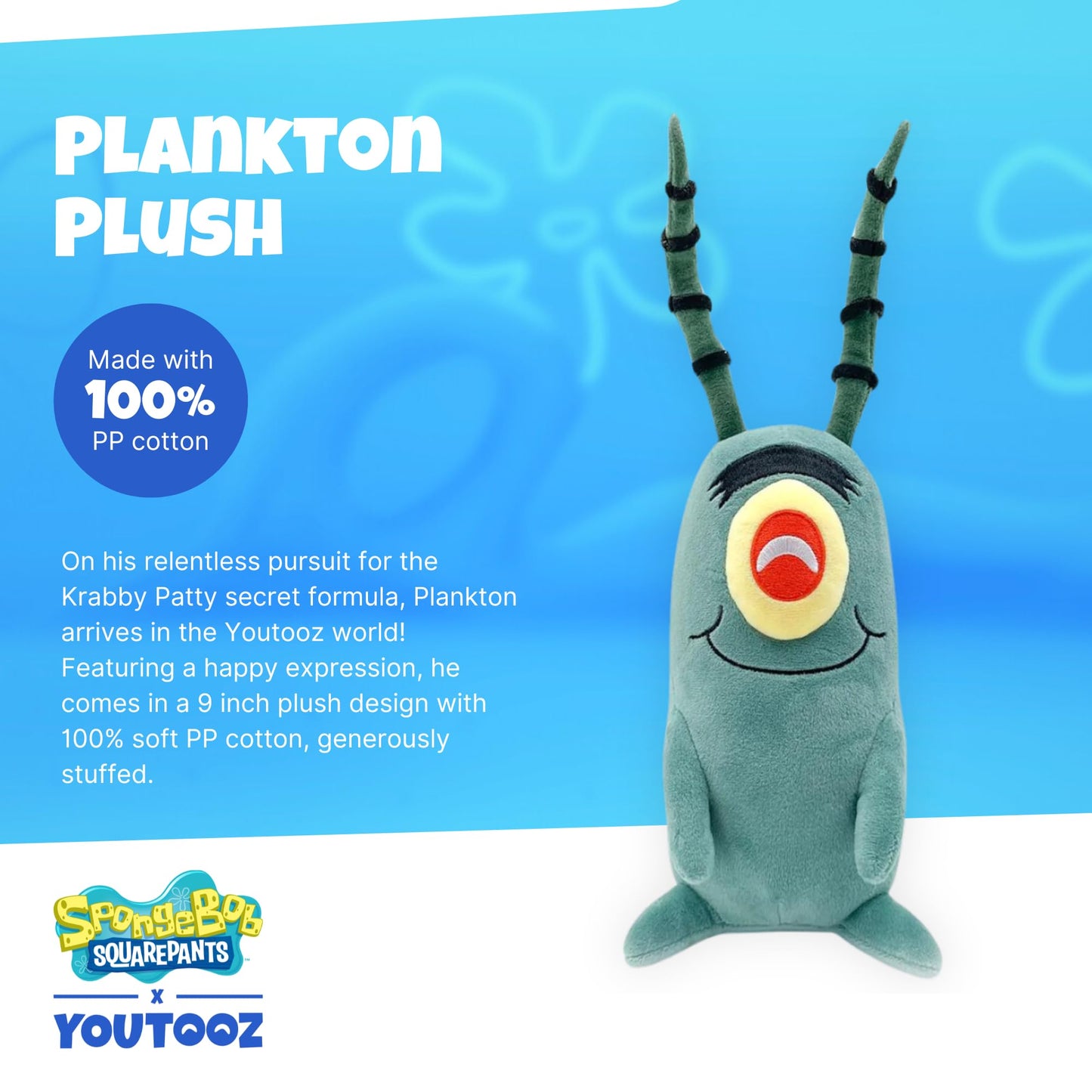 Youtooz Plankton Sitting Plush 9" Inch, Spongebob Official Licensed Stuffed Plushie, Chum Bucket From Spongebob Squarepants
