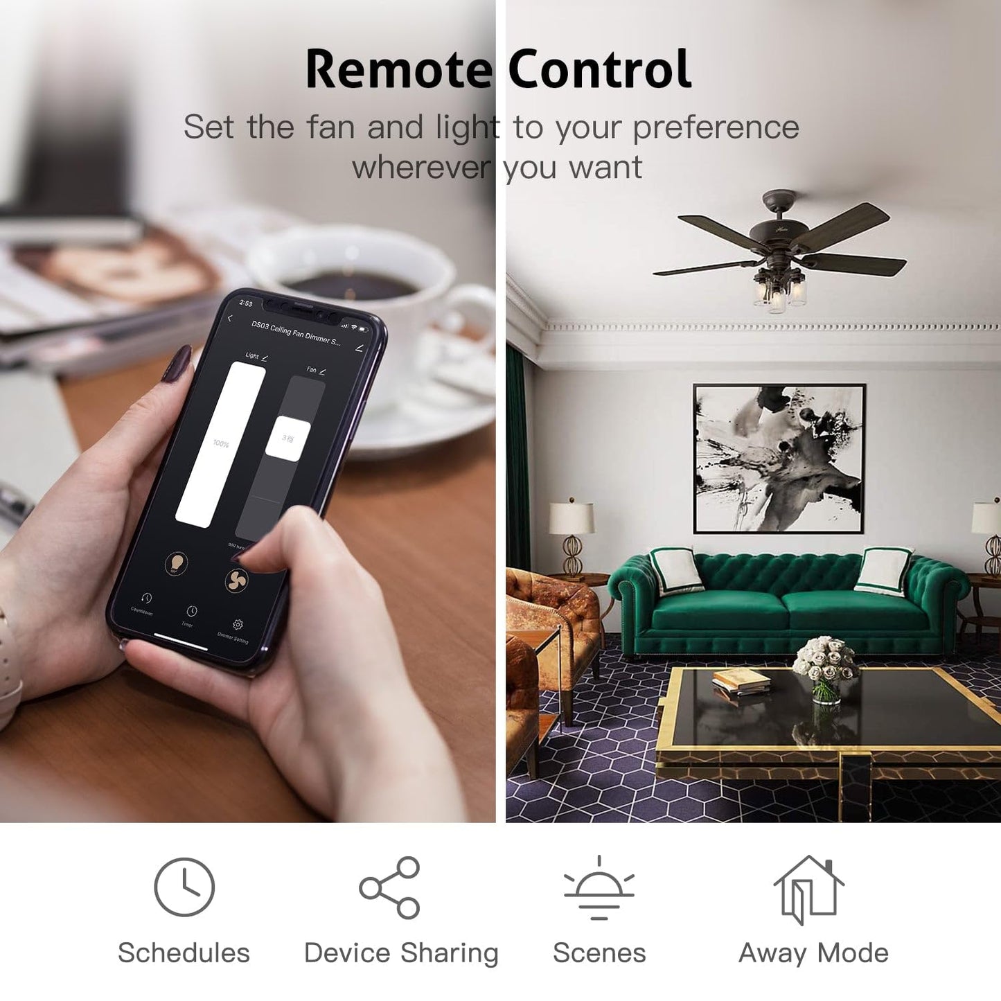 TREATLIFE Smart Ceiling Fan Control and Dimmer Light Switch, 2.4GHz WiFi Only, Neutral Wire Required, Single Pole Fan & Light Switch Combo, Works with Alexa, Google Home & SmartThings, Remote Control