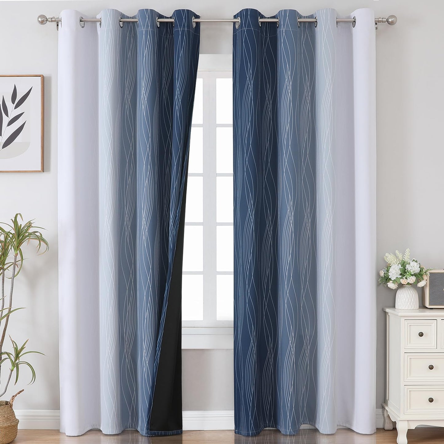 Estelar Textiler Blackout Curtains 90 Inches Long 2 Panels, Navy Blue and Greyish White Thermal Insulated Energy Saving Ombre Drapes for Bedroom,Light Blocking Grommet Curtains for Living Room,52Wx90L