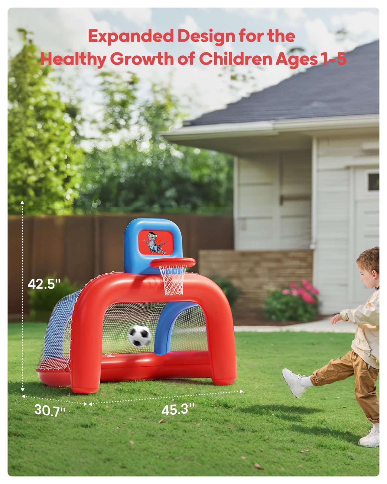 QPAU 2-in-1 Inflatable Basketball Hoop Set, Indoor Basketball Goal & Soccer for Kids, Basketball Hoop for Ages 1-5, Toys for Toddlers, Boys and Girls Gift