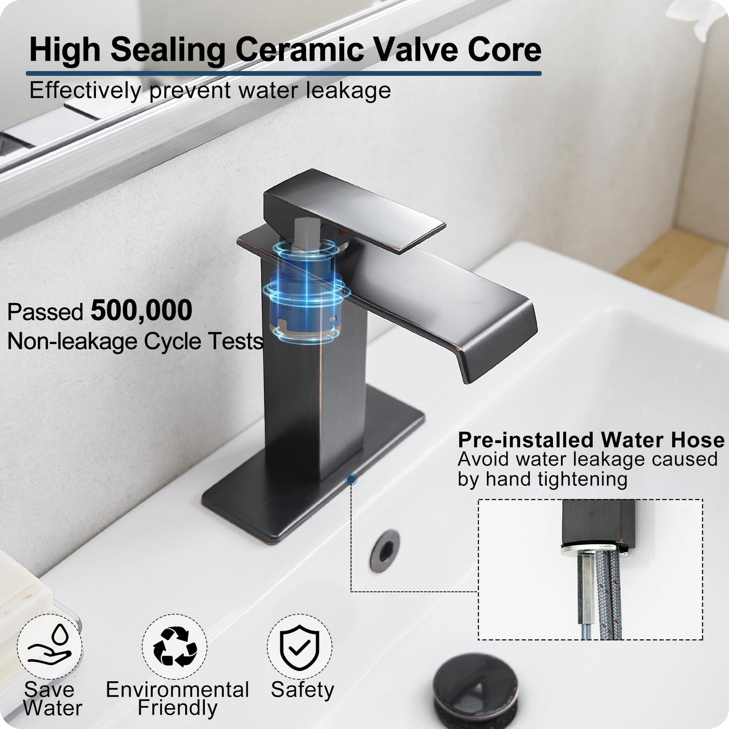 HOIGY Oil Rubbed Bronze Bathroom Faucet Waterfall Faucet, Brass Single Handle Bathroom Sink Faucet 1 Hole or 3 Holes, 4 Inch Bathroom Faucets with Deck Plate & Pop-Up Drain for Farmhouse Quick Install