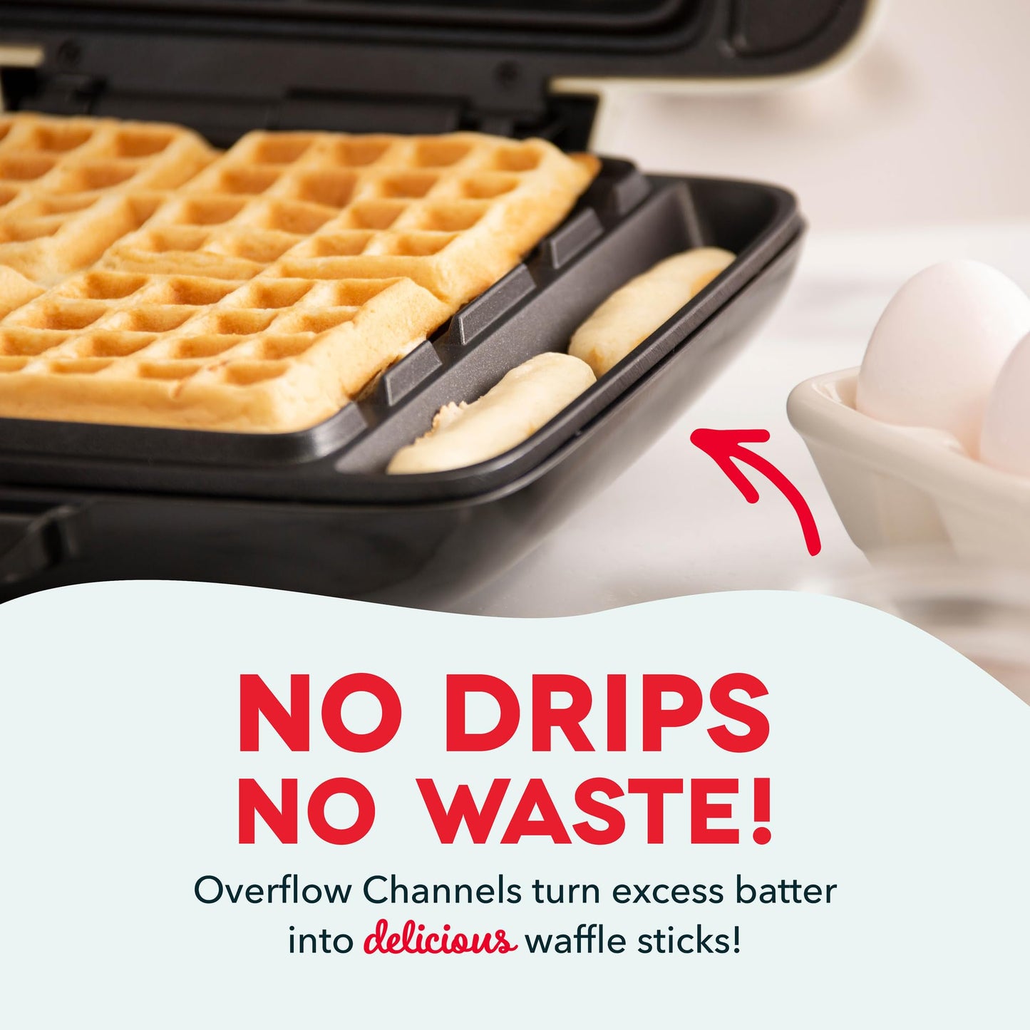 DASH No-Drip Waffle Maker - Four Waffle Molds, Nonstick Waffle Iron with Quick Heat-Up, Nonstick Surface - Perfect Waffle Maker for Kids and Families, Just Add Batter