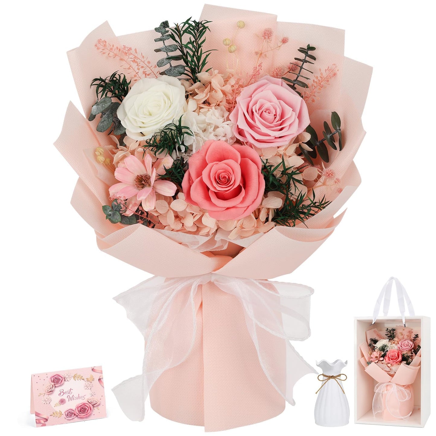 Flowers for Delivery Prime Preserved Flowers Bouquet with Vase That Last 3-5 Years Real Forever Flowers Pink Rose Bouquet for Mom Mother Women Wife Friends Birthday Mothers Day Gifts