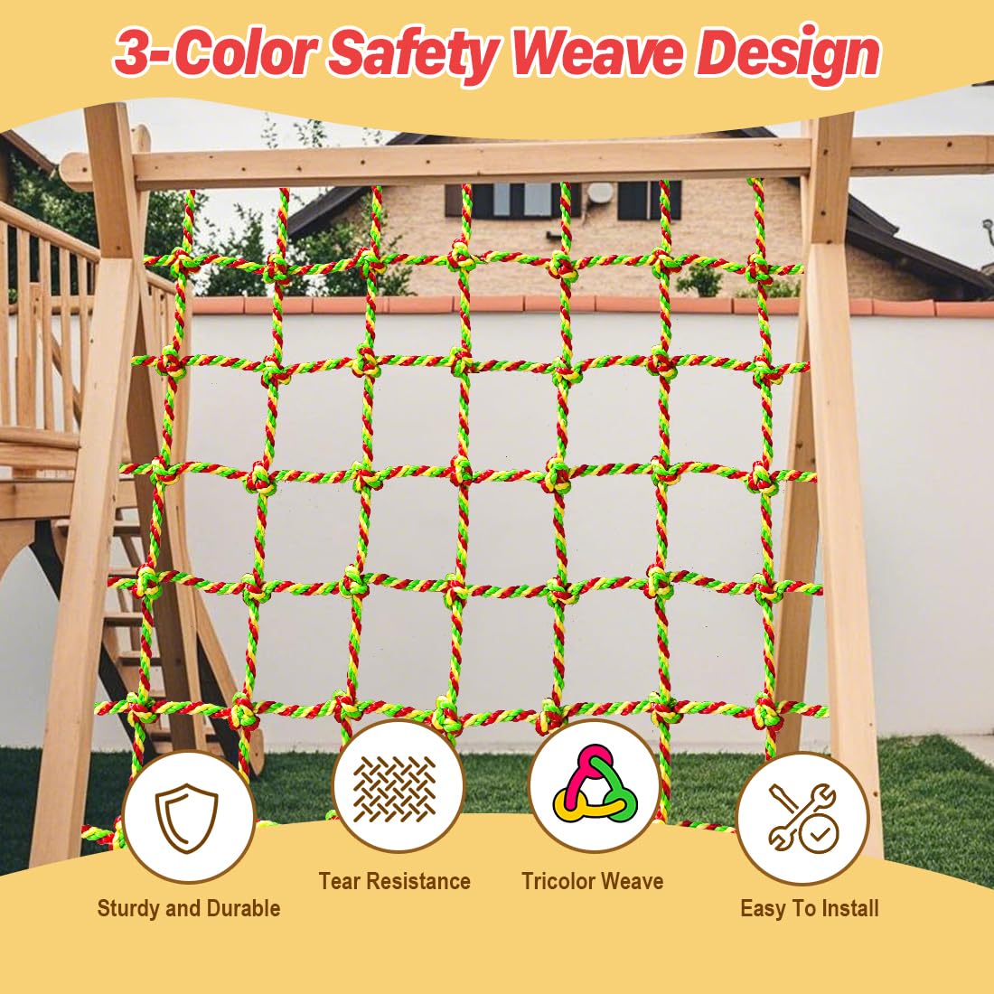 LAKNUAL Climbing Net, 3.3ft X 6.6ft Polyester Climbing Cargo Net for Kids Outdoor, Heavy Duty Large Military Playground Equipment, Rope Ladder, Swingset, Indoor & Outdoor, Treehouse, Jungle Gyms