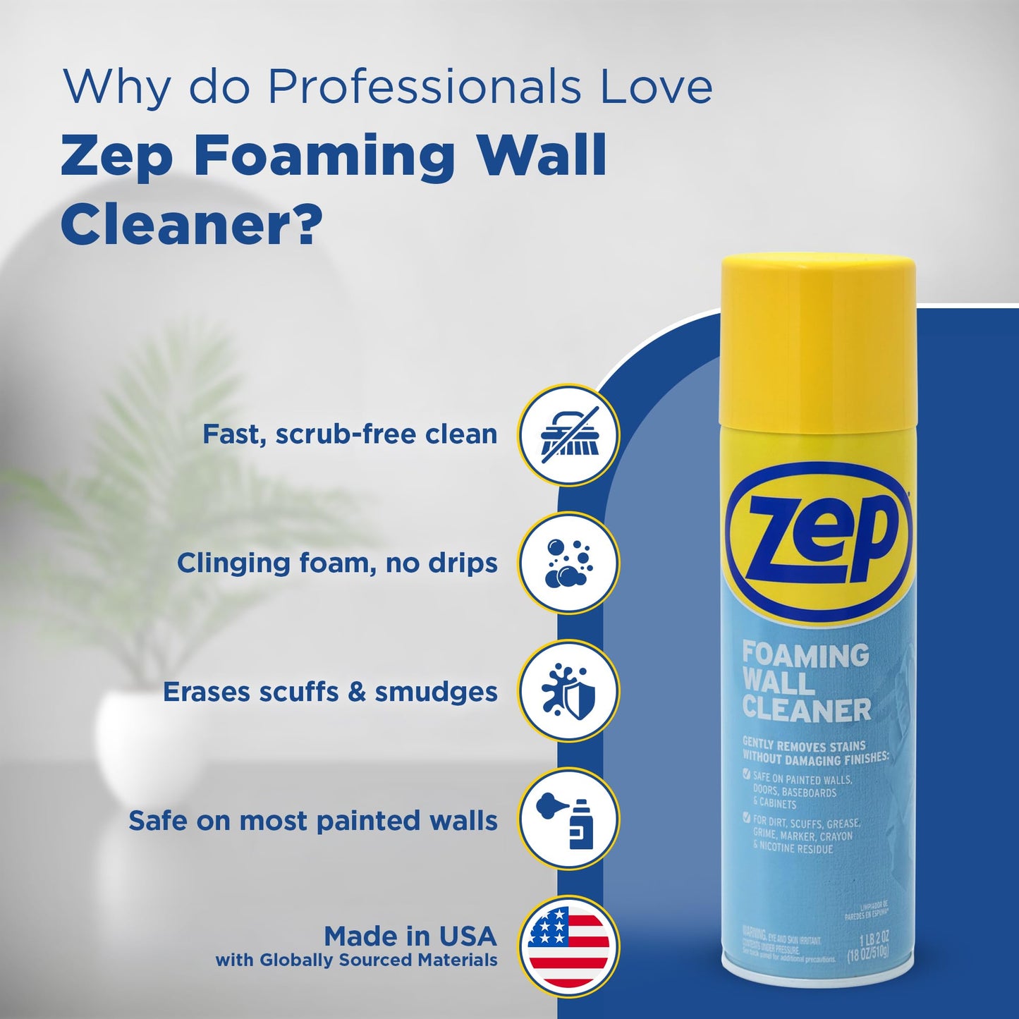 Zep Foaming Wall Cleaner - 18 oz (Case of 12) - ZUFWC18 - Removes Stains Without Damaging Finishes, Scrub-Free Wall Cleaner Spray, For Ceilings, Walls, Baseboards And More
