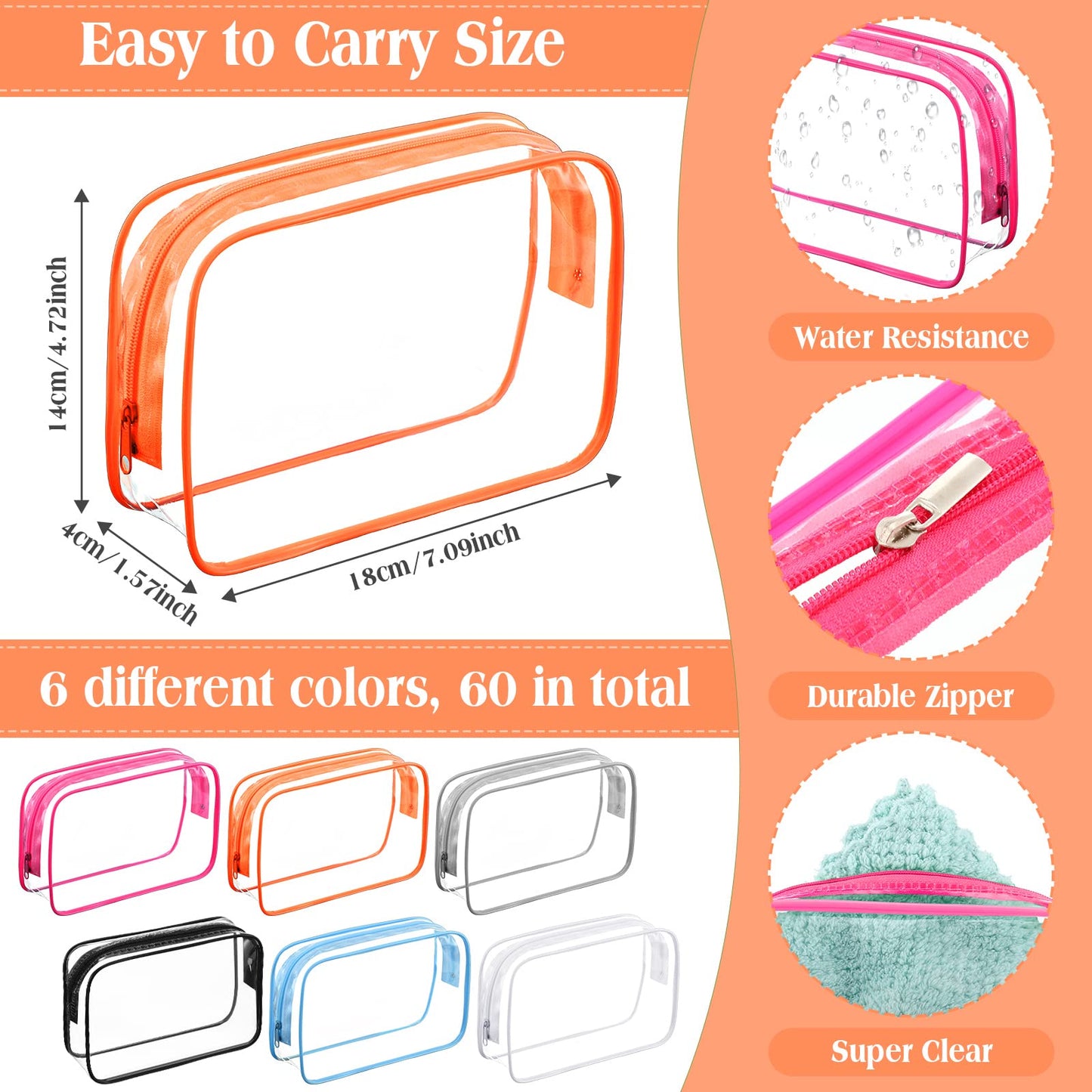 Cunno 60 Pcs Clear Toiletry Bag TSA Approved Cosmetic Bag Bulk Makeup Bag Travel Carry Airport Airline Compliant Bag for Women Men Summer Vacation Salon Mother Gift(Vivid Color)