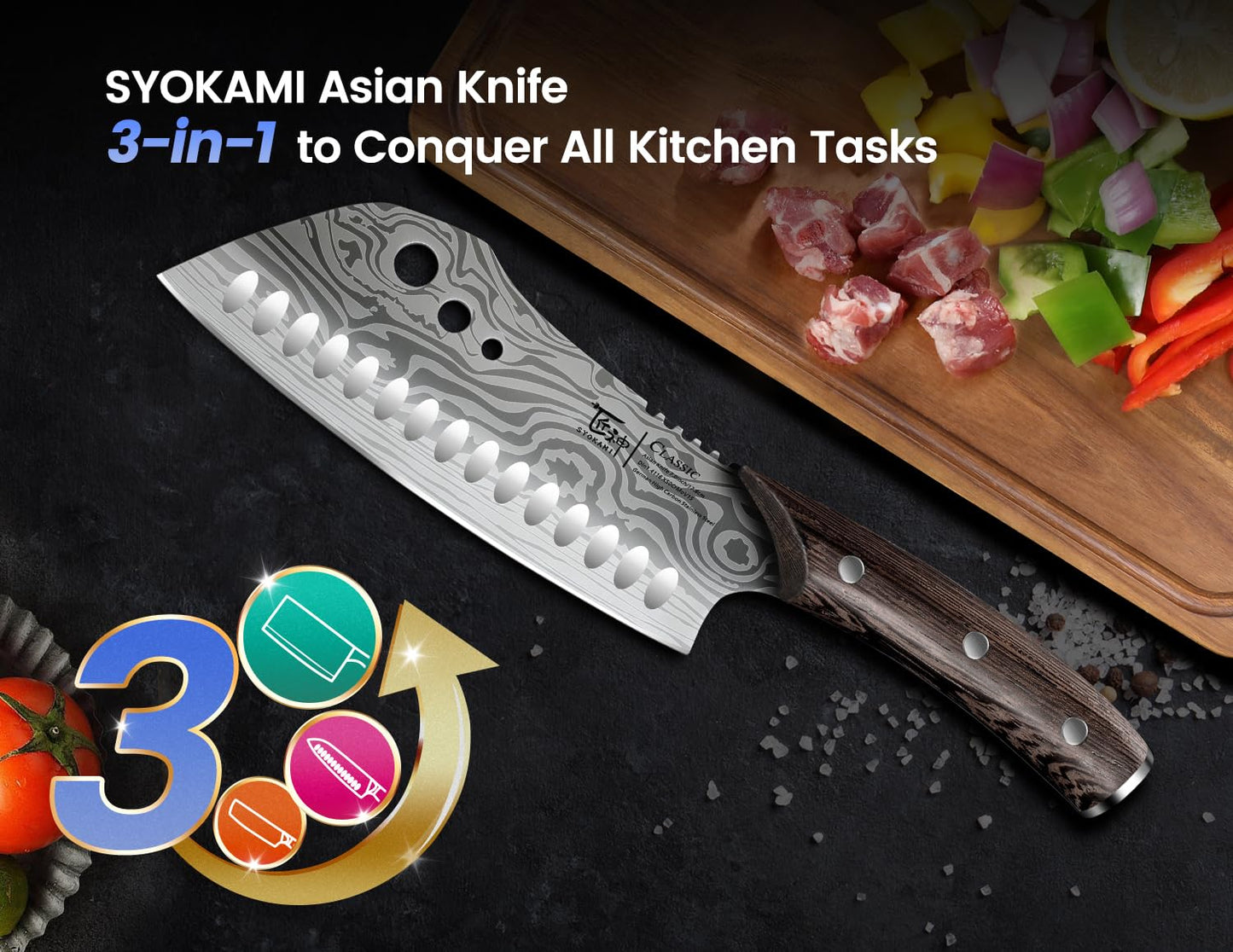 SYOKAMI Cleaver Chef Knife with Herb Stripper, 7" Asian Kitchen Knife 3-in-1 Combined with Chef's Knife, Santoku, Nakiri for Slicing, Chopping, Dicing, Mincing, Housewarming Birthday Cooking Gifts