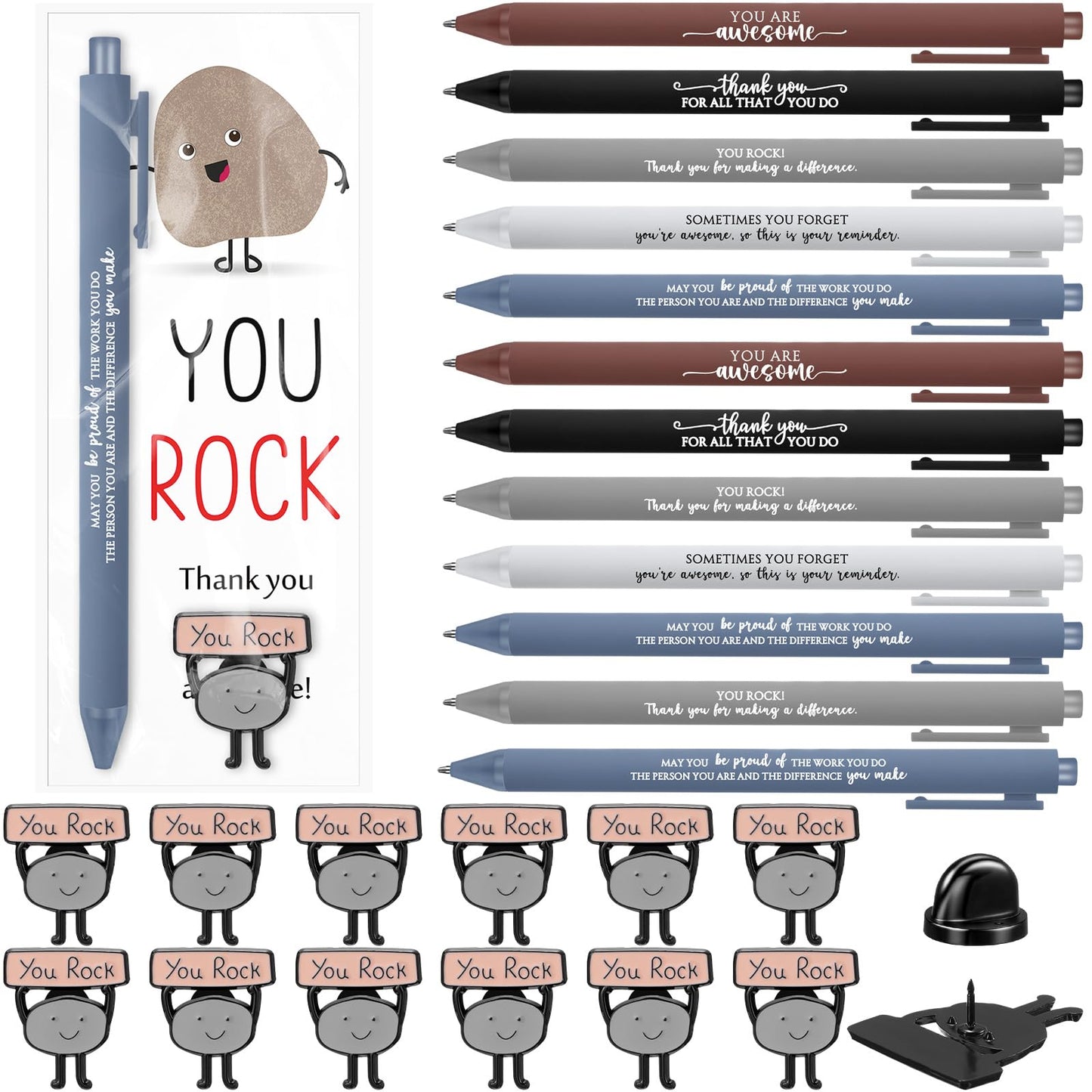 Sayglossy 36 Sets You Rock Office Funny Gift Motivational Employee Appreciation Gifts Bulk Ballpoint Pens Inspirational Cards Brooch Pin Organza Bags Inspirational Gift for Coworker Staff Volunteer