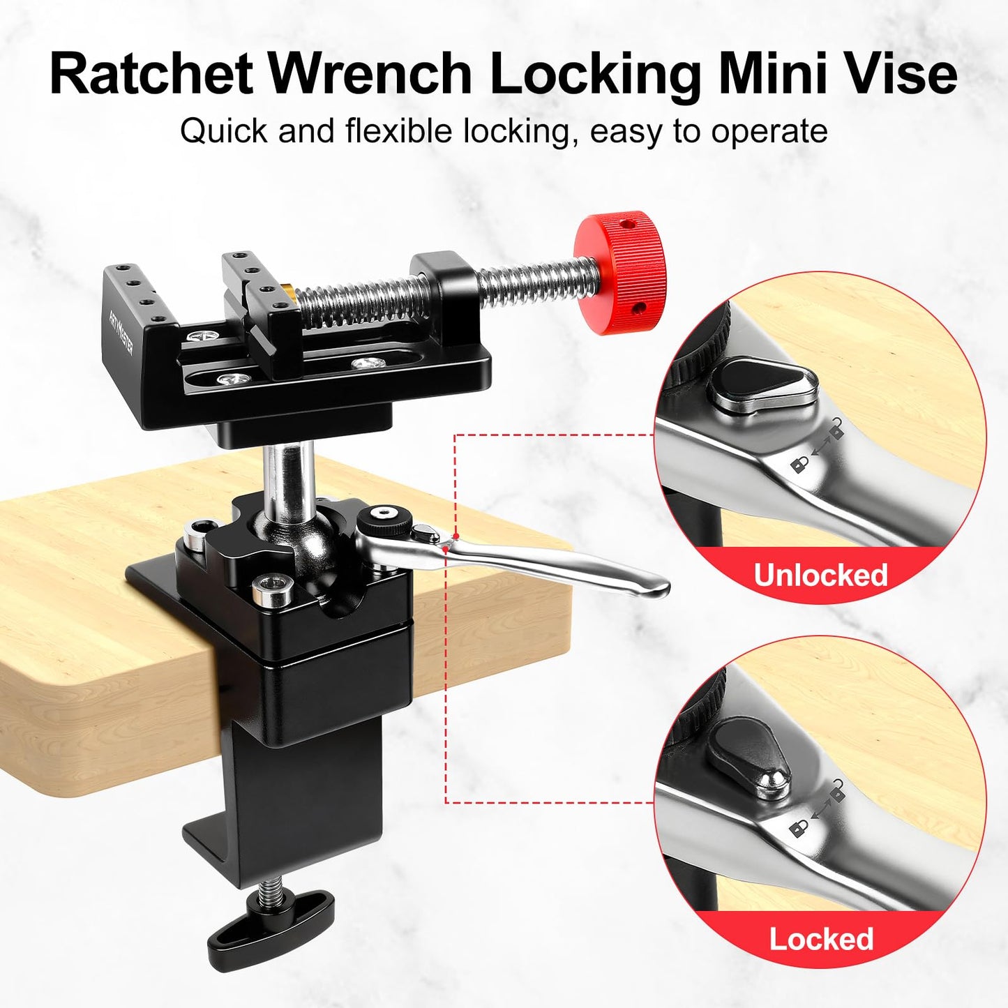 ArtyMaster 360° Rotating Mini Bench Vise with Quick-Release Ratchet Wrench, 2.48" General-Purpose Table Vise for Woodworking, Metalworking, Modeling, Mini Vice Clamp for Small Projects WT104C