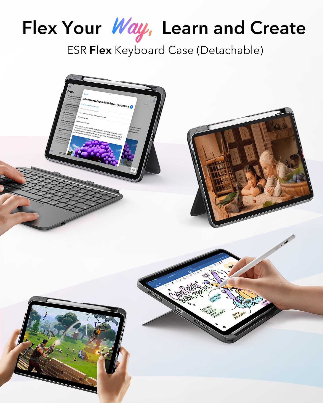 ESR iPad Air 11" (M3/M2) & 5th/4th Gen Flex Keyboard Case, Ultra-Light Magnetic Detachable Keyboard with Writing/Viewing Modes, Larger Precision Trackpad, Dark Gray