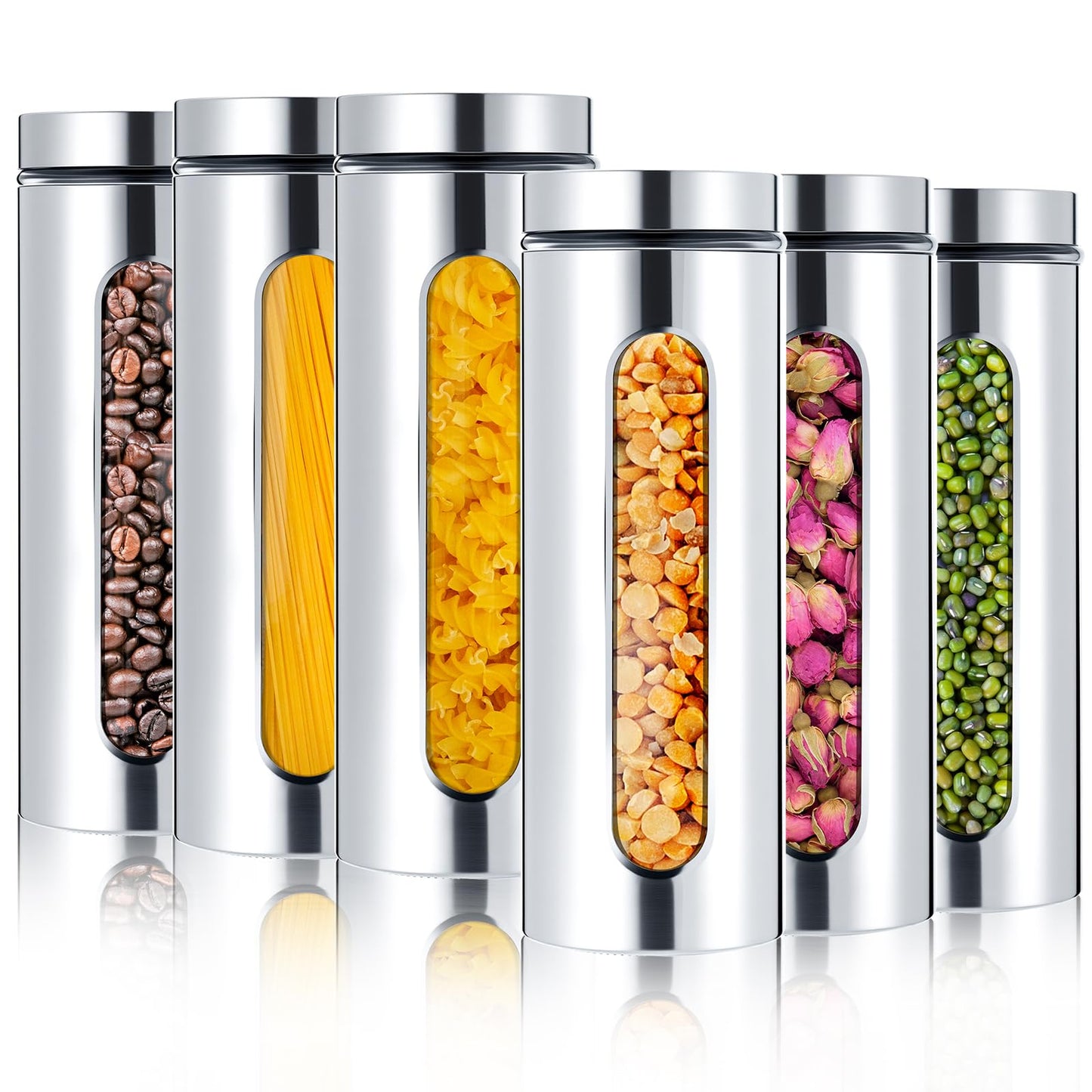 Mimorou 6 Pack Kitchen Canisters Set Airtight Coffee Sugar Tea Candy Storage Jars with Window Glass Stainless Steel Containers with Lids for Flour Cookies Spices Grains Kitchen Decorations (60 oz)