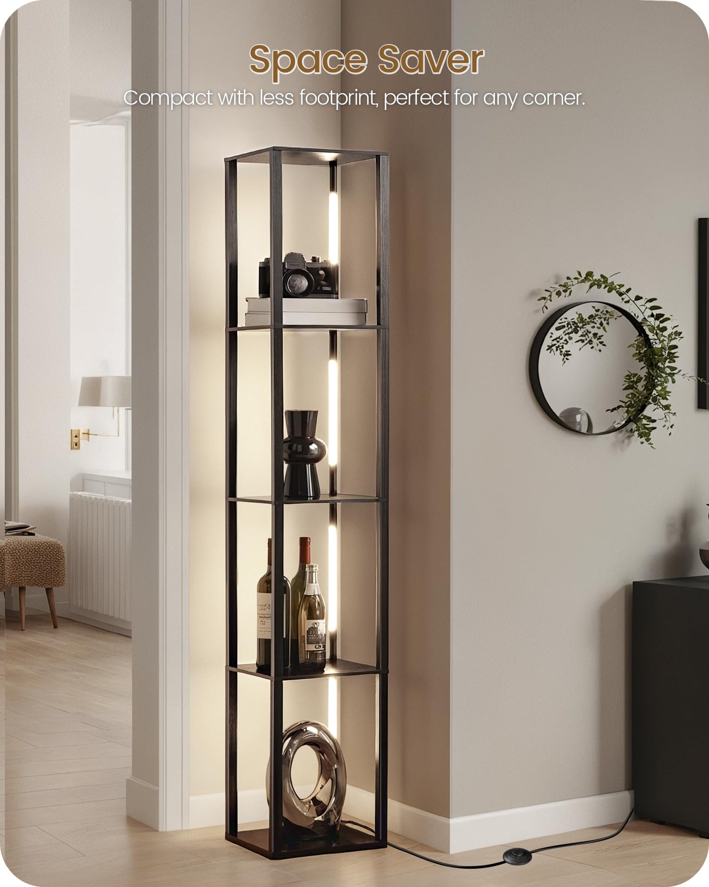 64.2" Display Shelf with Light, Modern Corner Floor Lamp with Shelves, 3000K-6000K LED Dimmable Standing Lamp with Remote for Living Room, Bedroom, Office, Adjustable CCT, Black Square B51LD05