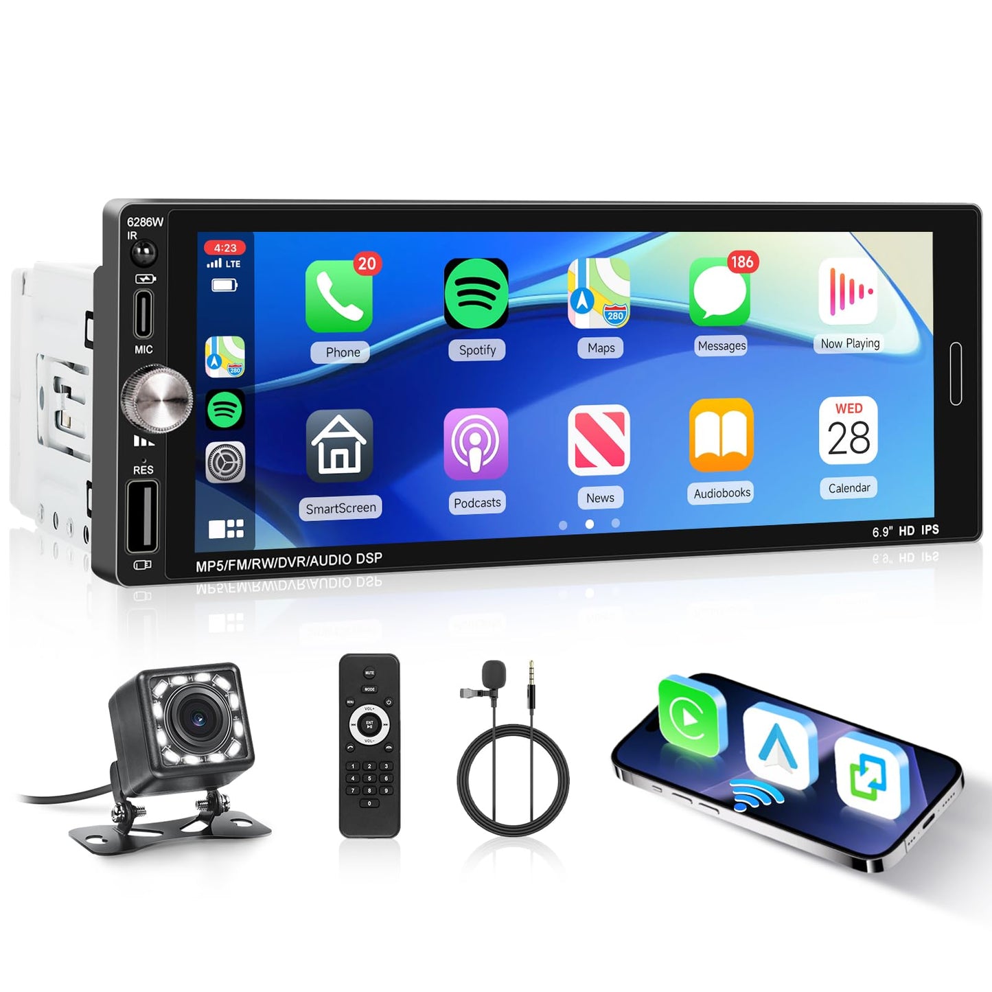 Single Din Car Stereo with Wireless CarPlay Android Auto Mirror Link, Driauto Car Radio Bluetooth Handsfree Headunit 6.9 Inch 1 Din IPS Touch Screen FM Type-C USB Charging EQ SWC with Reverse Camera
