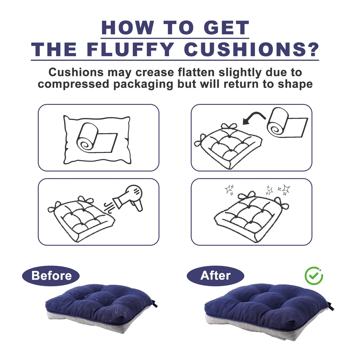 Battilo Chair Cushions Set of 4 for Dining Chairs, Seat Cushions for Kitchen Chairs with Non-Slip Backing, Indoor/Outdoor Waterproof Chair Seat Pads with Ties, 15.5"x15.5"x4", Navy