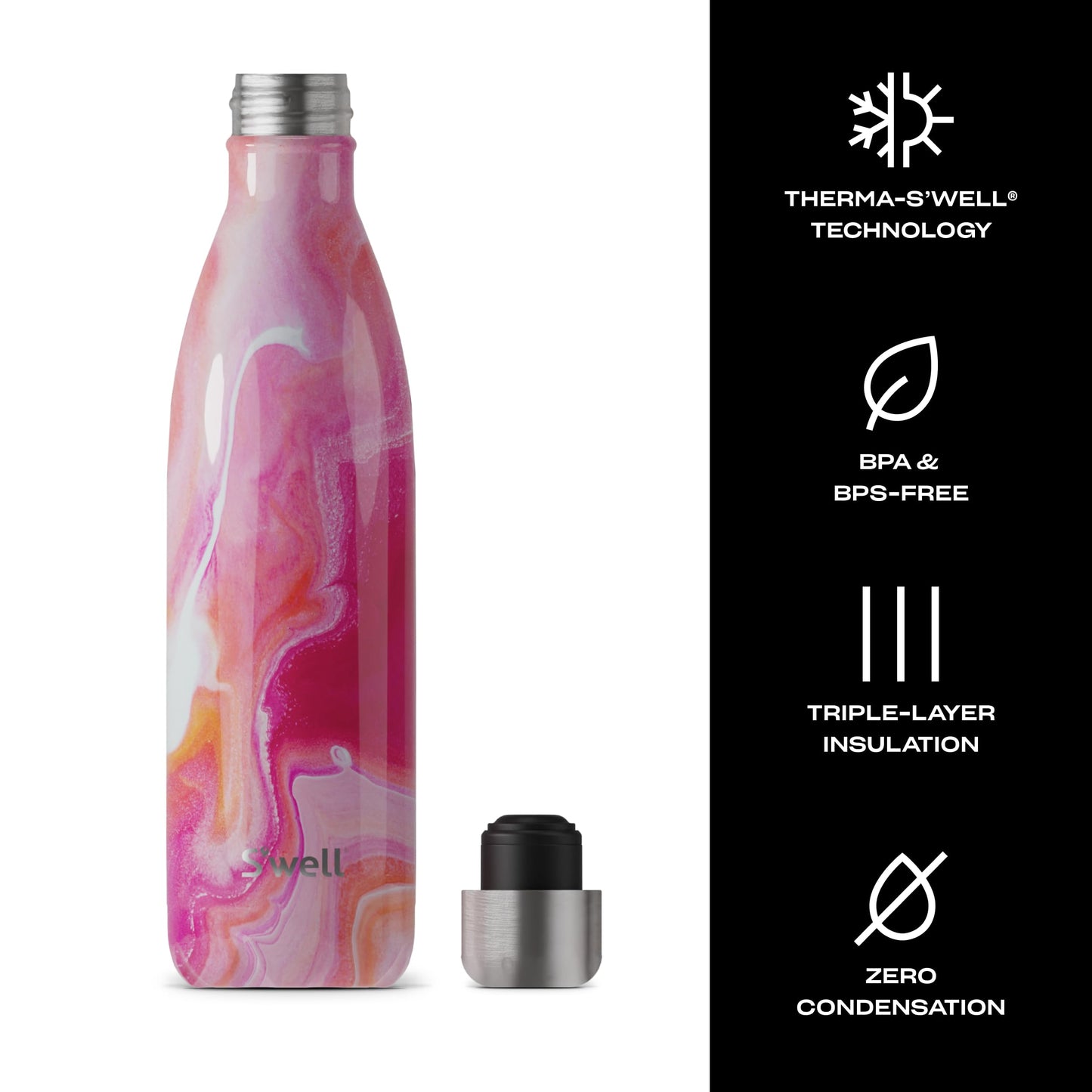 S'well Stainless Steel Water Bottle, 25oz, Rose Agate, Triple Layered Vacuum Insulated Containers Keeps Drinks Cold for 48 Hours and Hot for 24, BPA Free, Perfect for On the Go