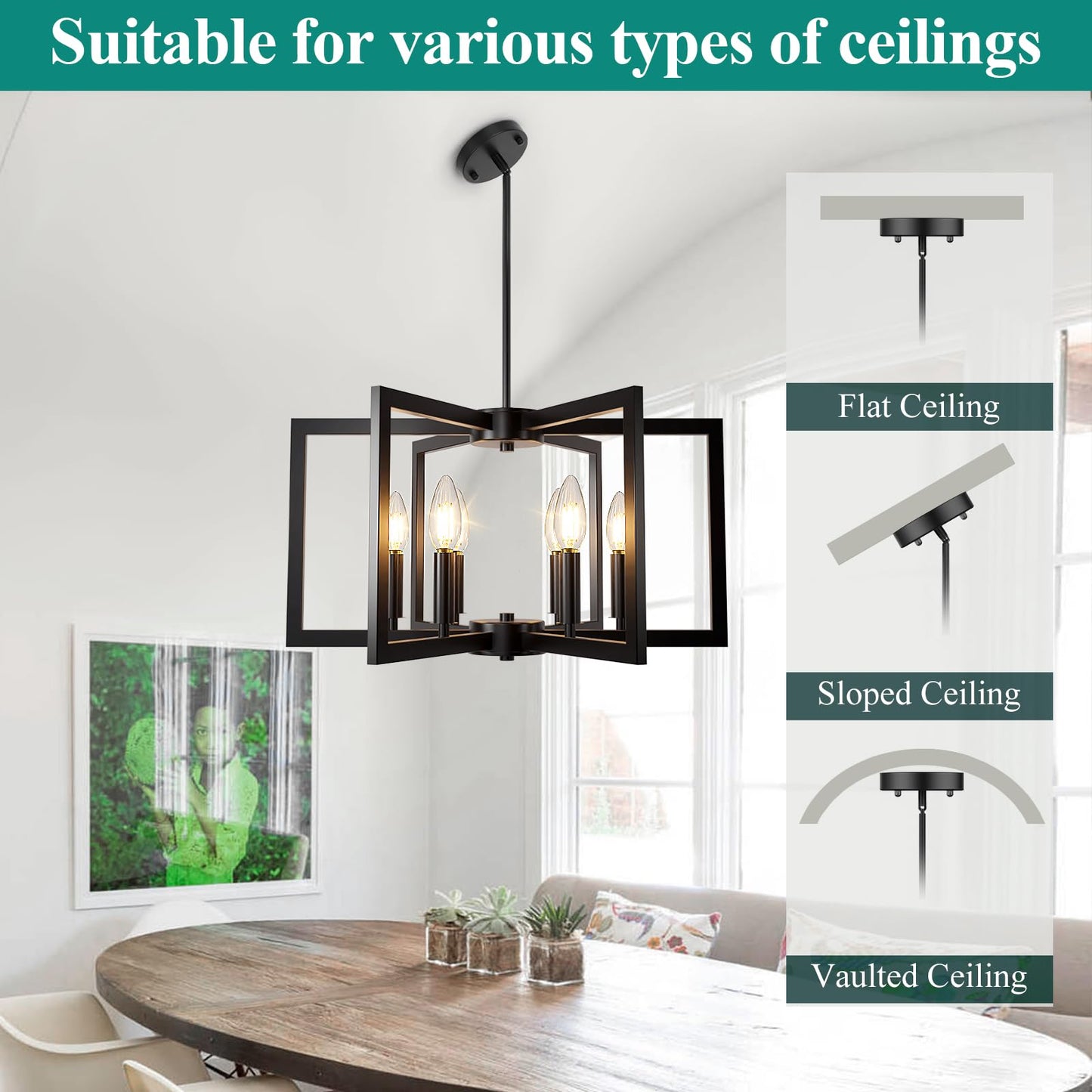 6-Light Black Chandelier, Farmhouse Dining Room Light Fixture, Large Modern Chandelier, Geometric Industrial Metal Hang Lighting Fixture for Foyer Entryway Kitchen Over Table Hallway Living Room