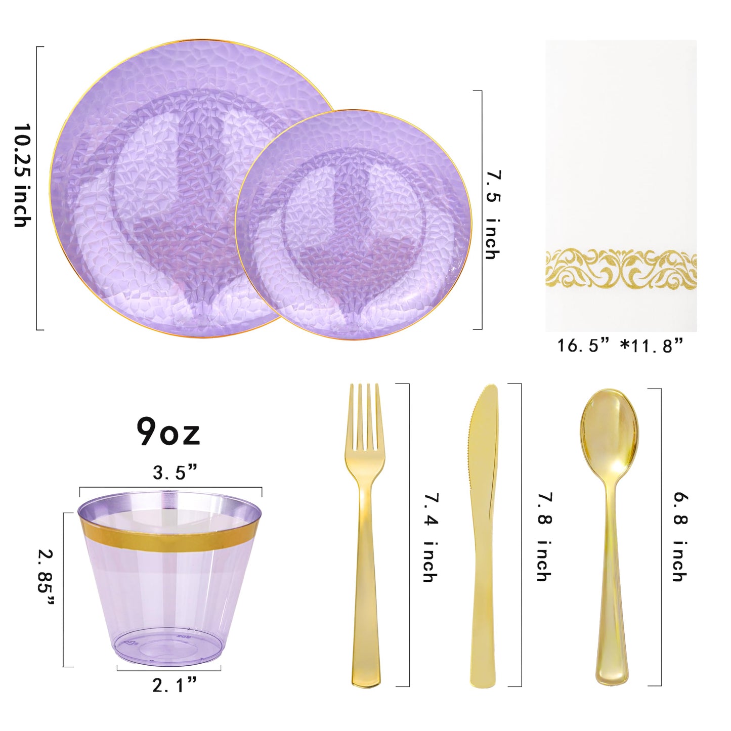 Rubtlamp 175 Pcs Purple Plastic Dinnerware Set (25 Guests), Clear Purple Plates With Gold Rim, Hammered Party Platos, Plates And Cups And Napkins Sets for Wedding, Party&Graduation