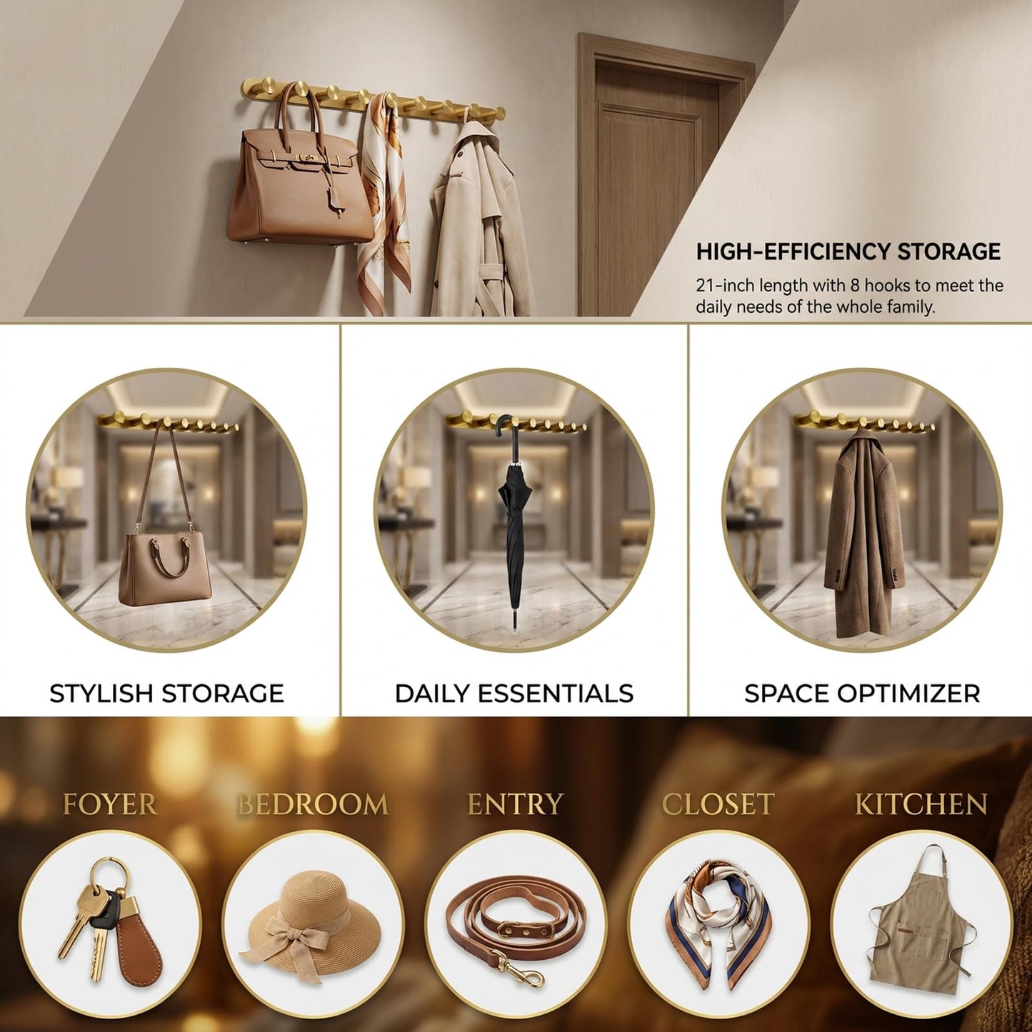 MACAJM Brushed Gold Coat Rack Wall Mounted, 21" Heavy Duty 304 Stainless Steel Row of 8 Hooks for Coats, Towels, Robes (Drilling)